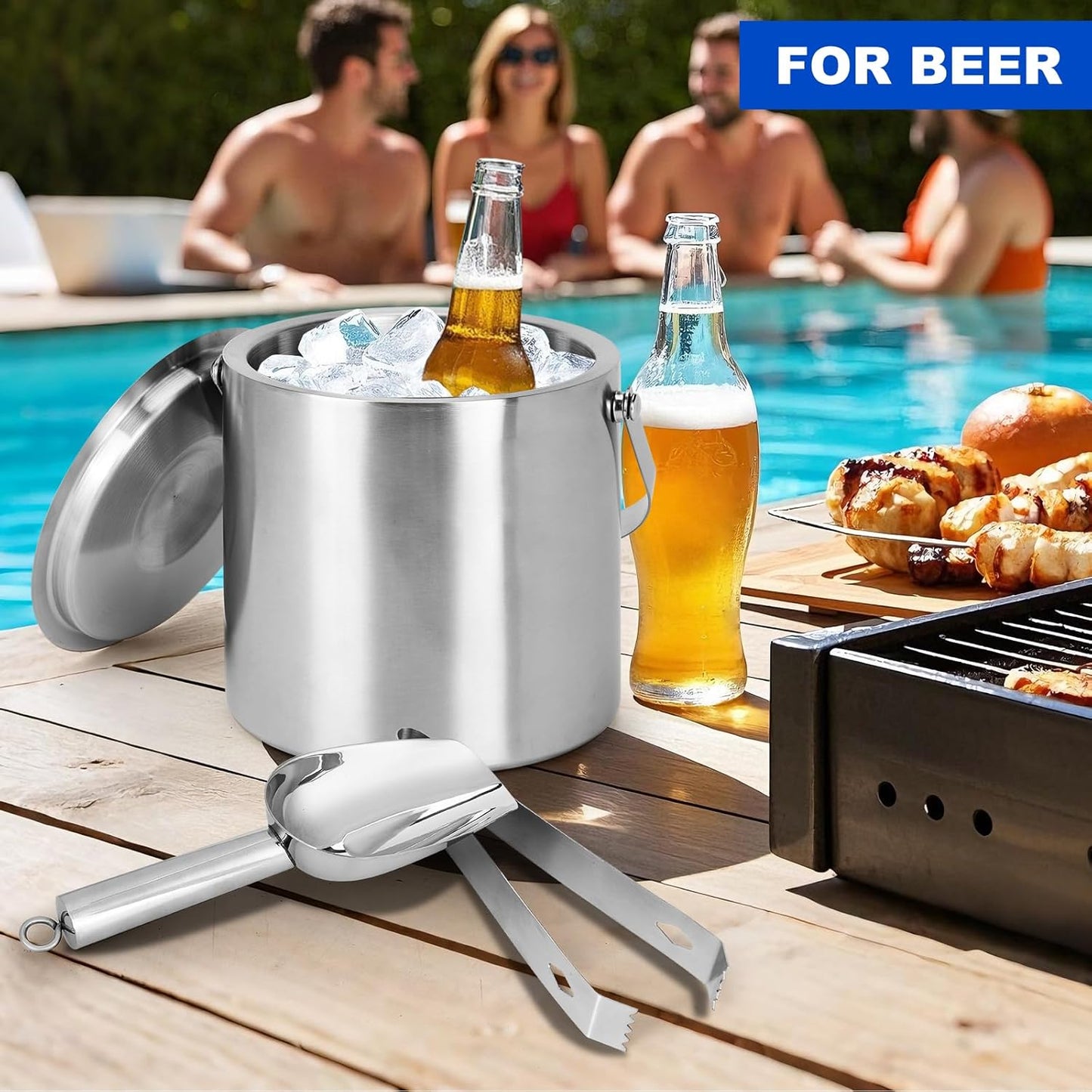 Ice Bucket, 3L Double Wall Insulated Ice Bucket with Lid,Scoop,Tongs- Inner Layer 304 Stainless Steel Ice Container Keep Ice Frozen Longer- Ideal for Cocktail Bar,Parties,Chilling Beer Win