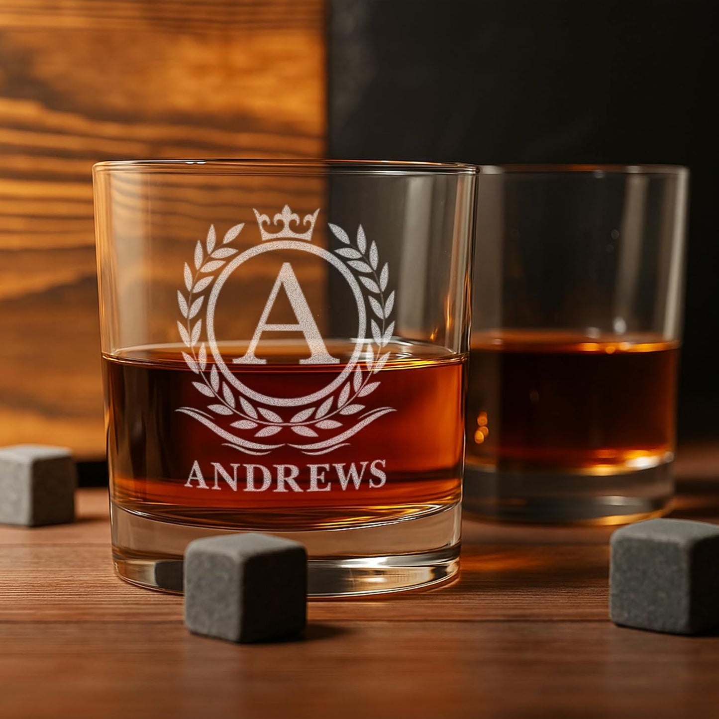 Personalized Vintage Birthday Whiskey Gifts for Men - 11 oz Engraved Bourbon Glass - Set of 2 Vintage Whiskey Cup in Wooden Box - 4 Designs Custom Scotch Glass Gift For Him (Name Monogram)