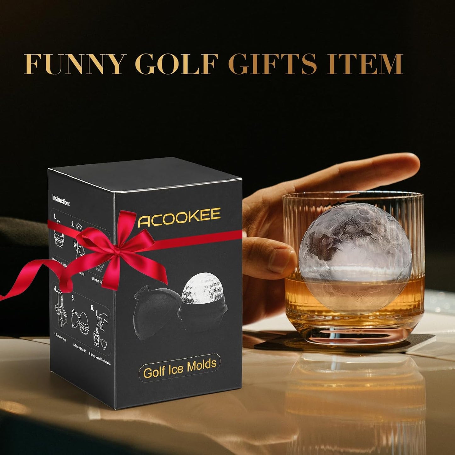 ACOOKEE Golf Gifts Ball Ice Maker Mold set of 4, 2.5" Large Sphere Round Ice Cube Mold for Whiskey, Cocktails, Coffee, Soda, Fun Drinks, and Gifts,Leak-Free, Reusable, BPA-Free