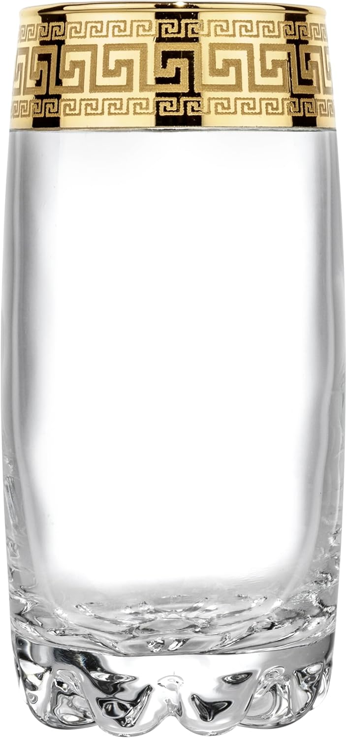Joseph Sedgh Collection Greek Key Highball Glasses Set of 6-13 oz Tall Glasses. Ideal for Water, Mojitos, Mixed Drinks, Dishwasher Safe Premium European Grade Glassware