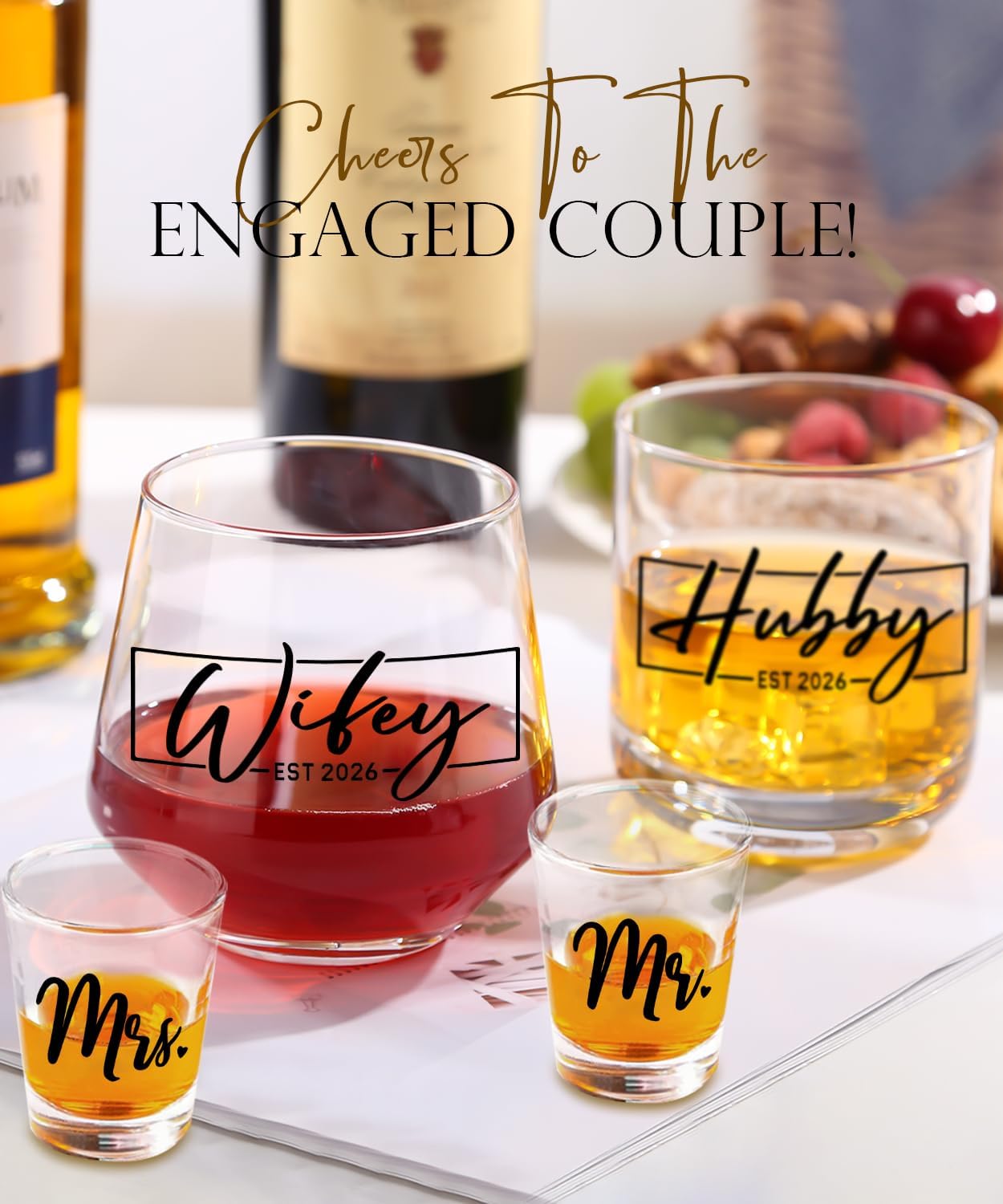 comfit Wedding Gifts 2026, Bridal Shower Gifts, Hubby & Wifey Wine&Whiskey Glass Set, His and Hers Glass, Mr and Mrs Shot Glass, Hubby and Wifey Gift, Anniversary Newlyweds Gifts for Couple