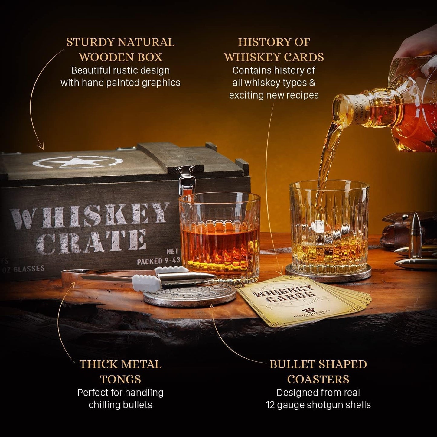 Bullet Whiskey Stones Gift Set by Royal Reserve - Artisan Crafted Bourbon Glasses, Coasters, Crate – Whiskey Gifts - Birthday Gift for Men, Husband, Him, Dad, Boyfriend, Ranger, Hunter