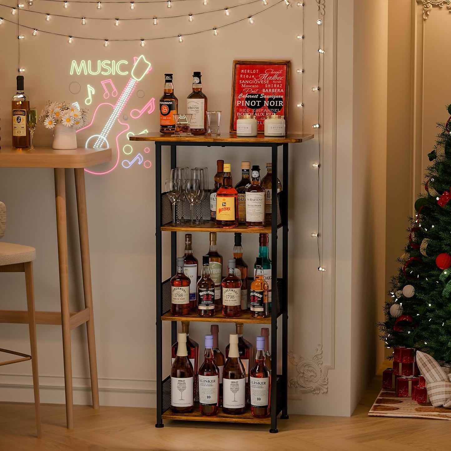 Eyteenokk Wine Rack Freestanding Floor:4 Tier Whiskey Wine Rack Mini Bar Cart,Liquor Cabinet-Home Bar for Bottles,Cocktail Shaker,Mugs-(23.6 * 11.8 * 40inch)
