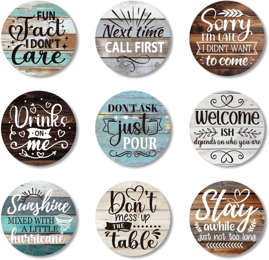ANATTASOUL Coasters Set of 9 Funny Phrase Pattern Colorful Wooden Coasters Bulk Round Housewarming Gift for New Home, 3.9" Decorative Coffee Table Protection for Farmhouse Bar House Decor