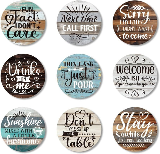 ANATTASOUL Coasters Set of 9 Funny Phrase Pattern Colorful Wooden Coasters Bulk Round Housewarming Gift for New Home, 3.9" Decorative Coffee Table Protection for Farmhouse Bar House Decor