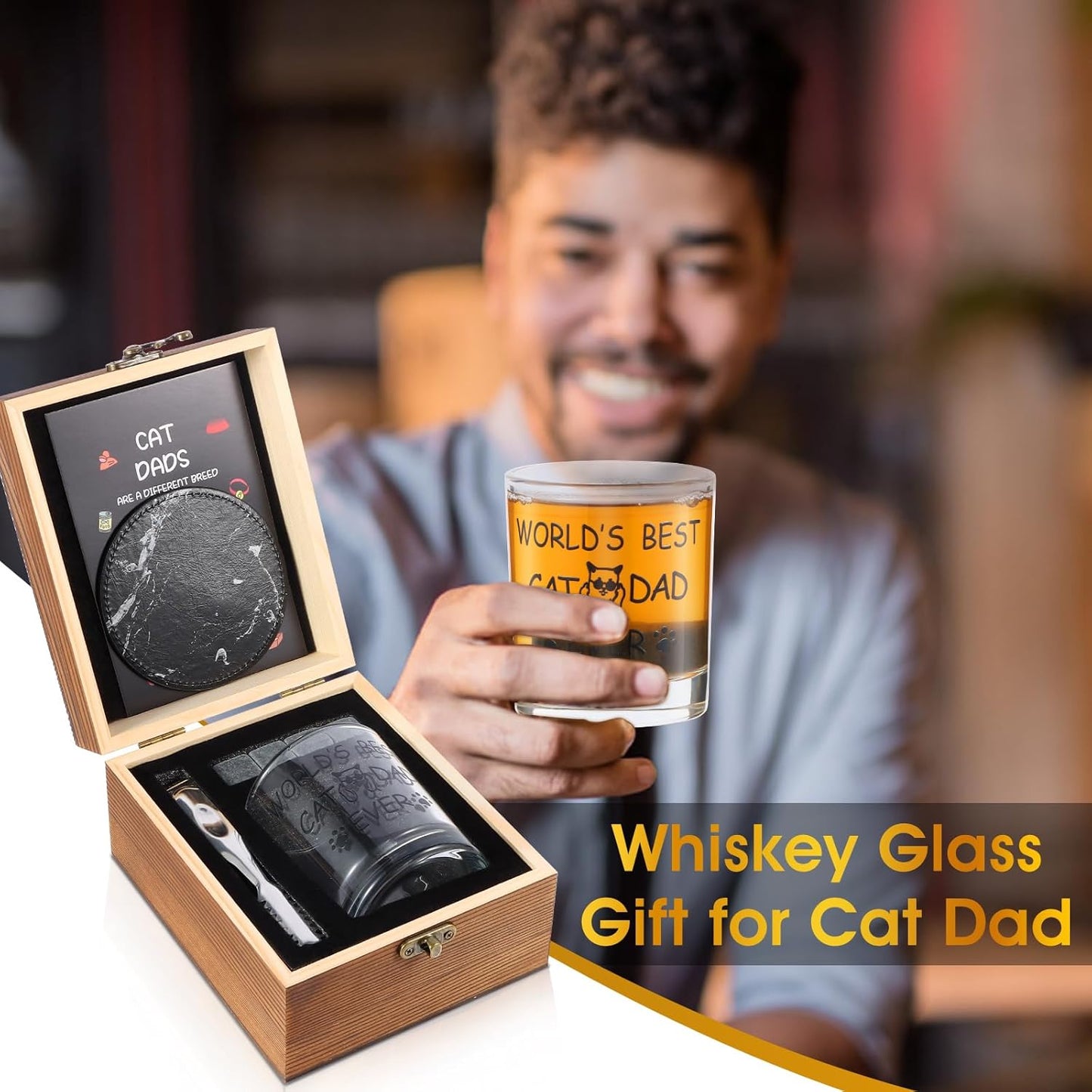 Bayelove Cat Dad Gifts, Best Gift for Dad, Gift with 12oz Whiskey Glasses, Stones, Coaster, Wooden Box for Catfather