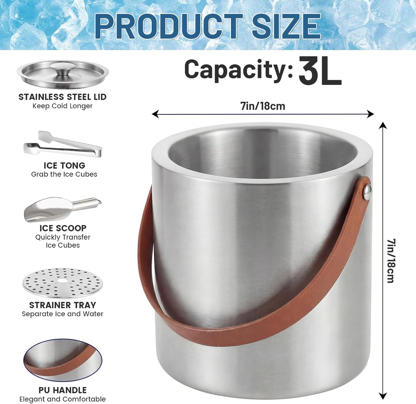 Loungewave Ice Bucket with Lid, 3L Double Wall Insulated Ice Bucket with Scoop, Tong, Strainer and Leather Handle, Ice Container to Keep Ice Frozen Longer, Ideal for Cocktail Bar, Parties