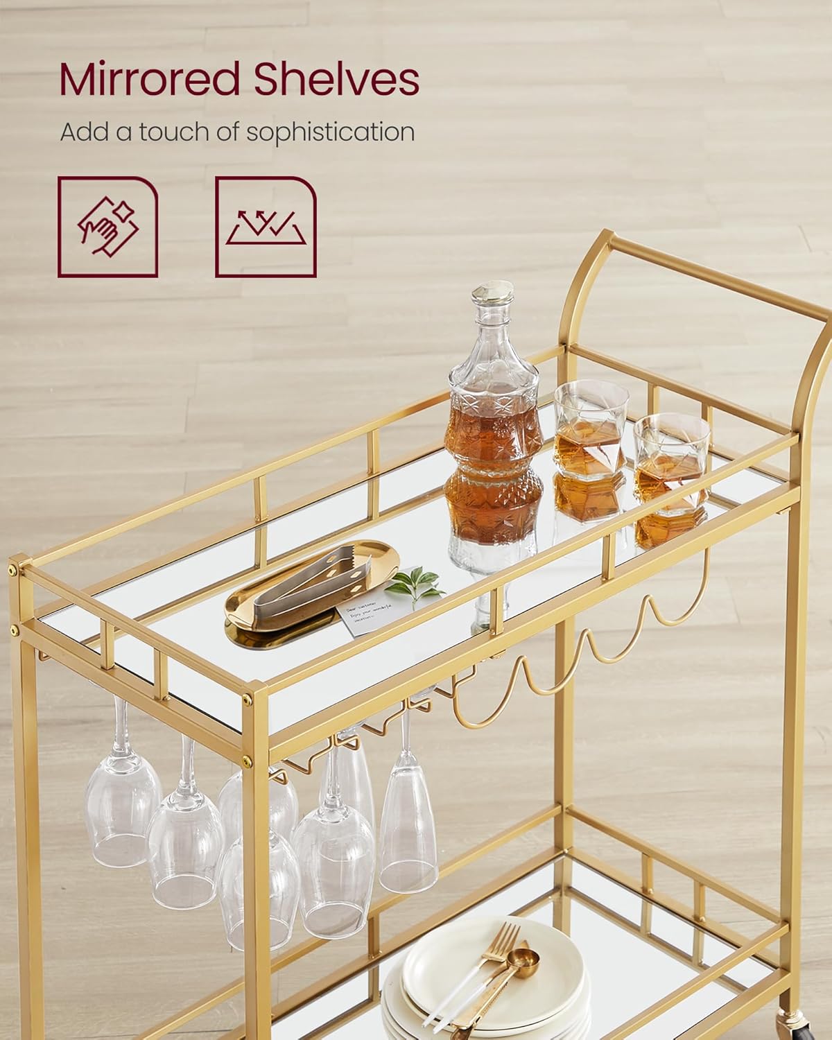 VASAGLE Bar Cart Gold, Home Bar Serving Cart, Wine Cart with 2 Mirrored Shelves, Wine Holders, Glass Holders, for Kitchen, Dining Room, Gold ULRC090A03