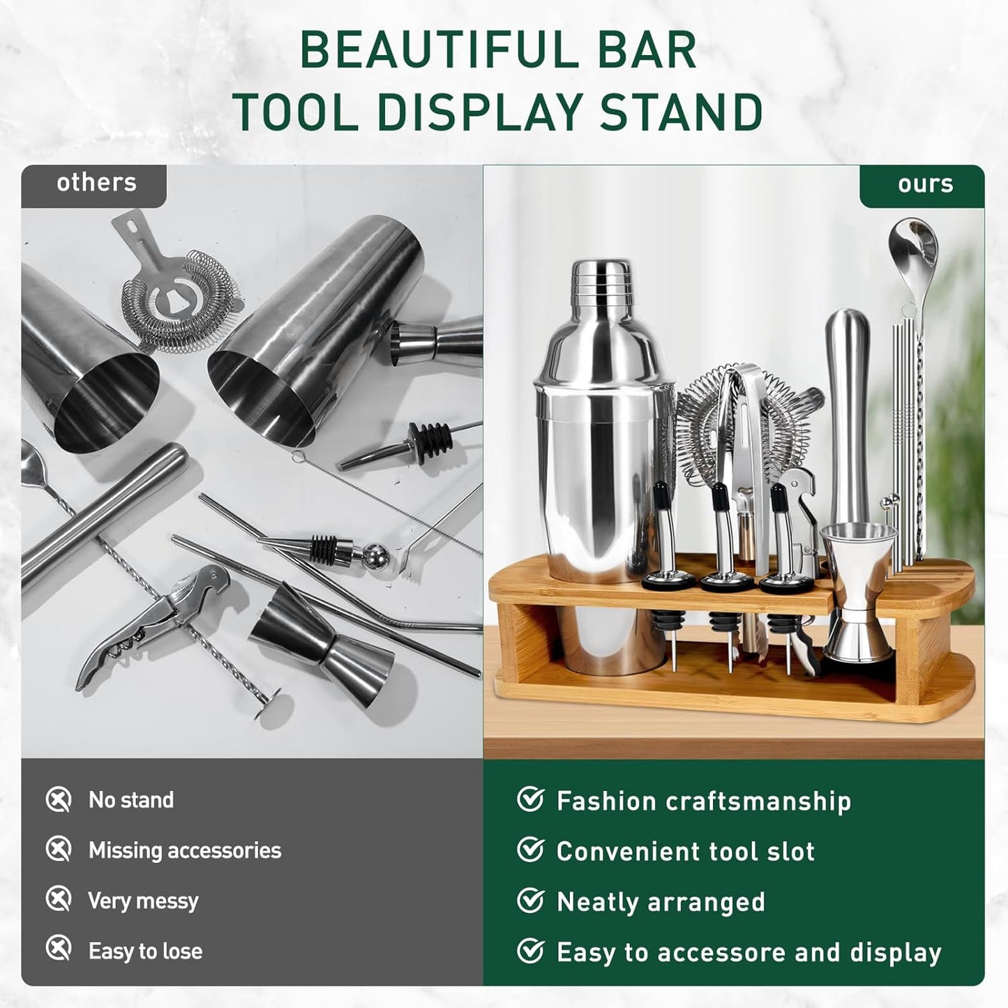 CasaCulina Cocktail Shaker Set Mixology Bartender Kit with Stand, 17 Piece Bar Tool Set: Martini Shaker, Jigger, Strainer, Mixer Spoon, Muddler, Liquor Pourers for Drink Mixing Bartending Kit(Silver)