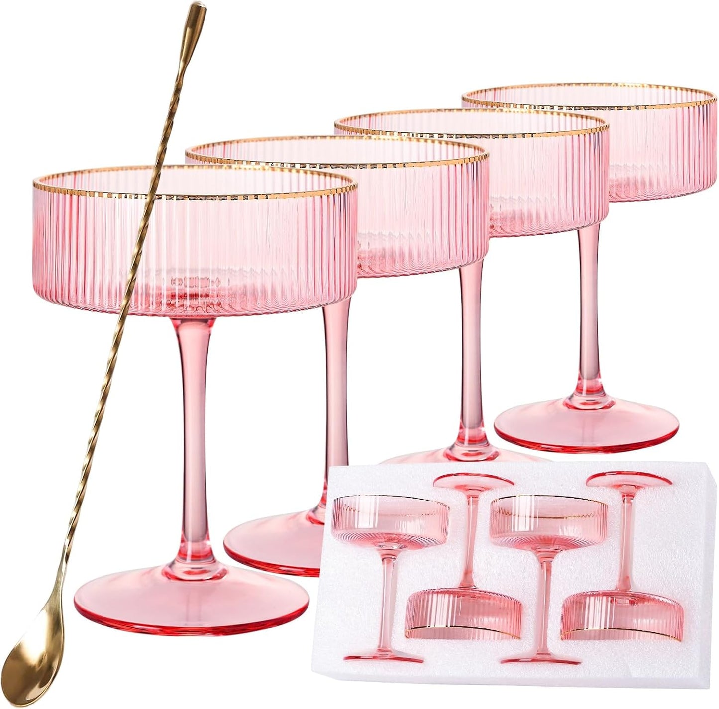 comfit Pink Martini Glasses Set of 4 with Bar Spoon – 10 Oz Espresso Vintage Coupe Ribbed Glasses with Gold Rim for Cocktail Champagne, Ideal Home Bar Gift for Women Mother's Day