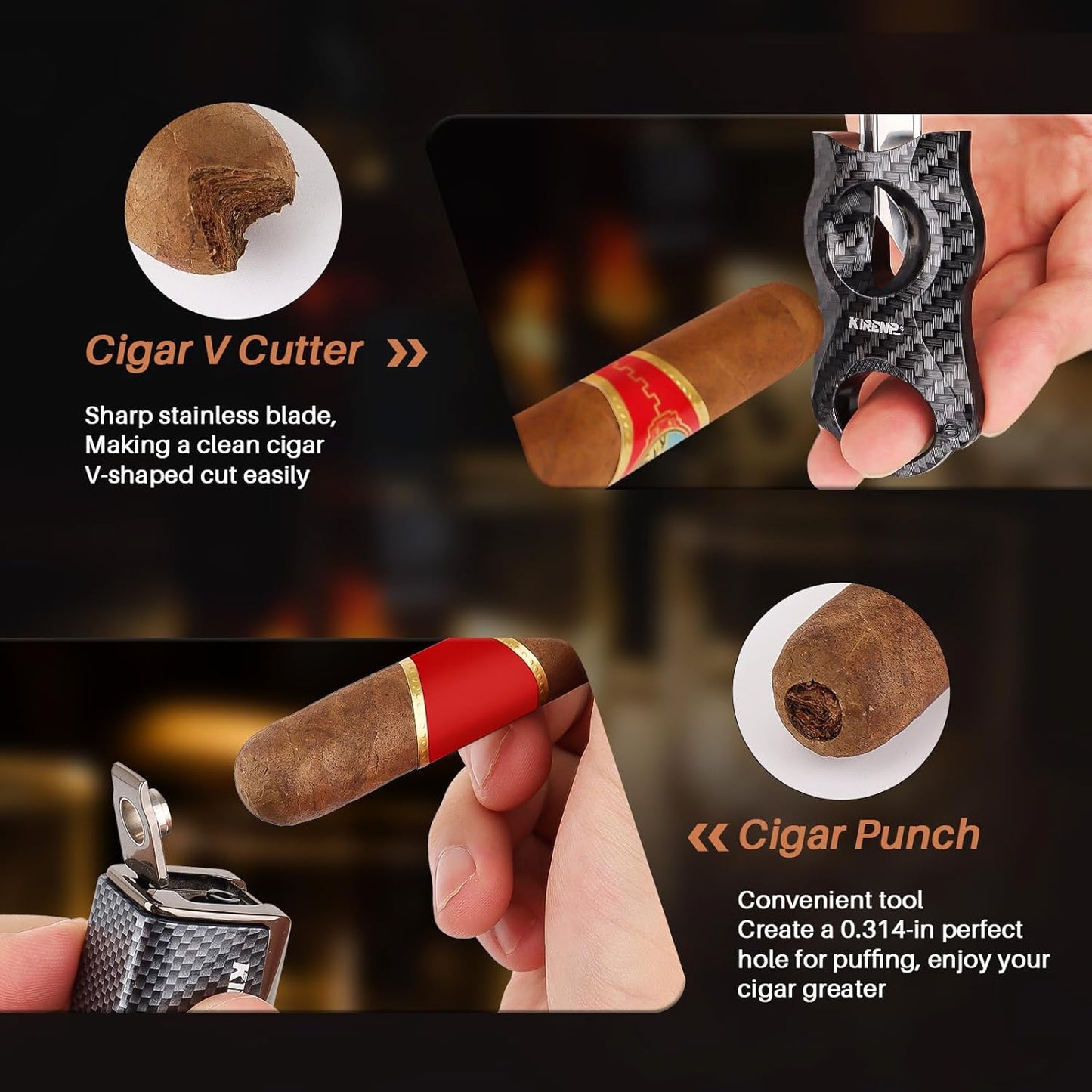 All-in-one Cigar Lighter with V Cigar Cutter, Built-in Cigar Punch, Cigar Holder, Quad Windproof Jet Flame, 4 in 1 Refillable Torch Lighter Set with Gift Box, Cool lighters for Smoking, Birthday
