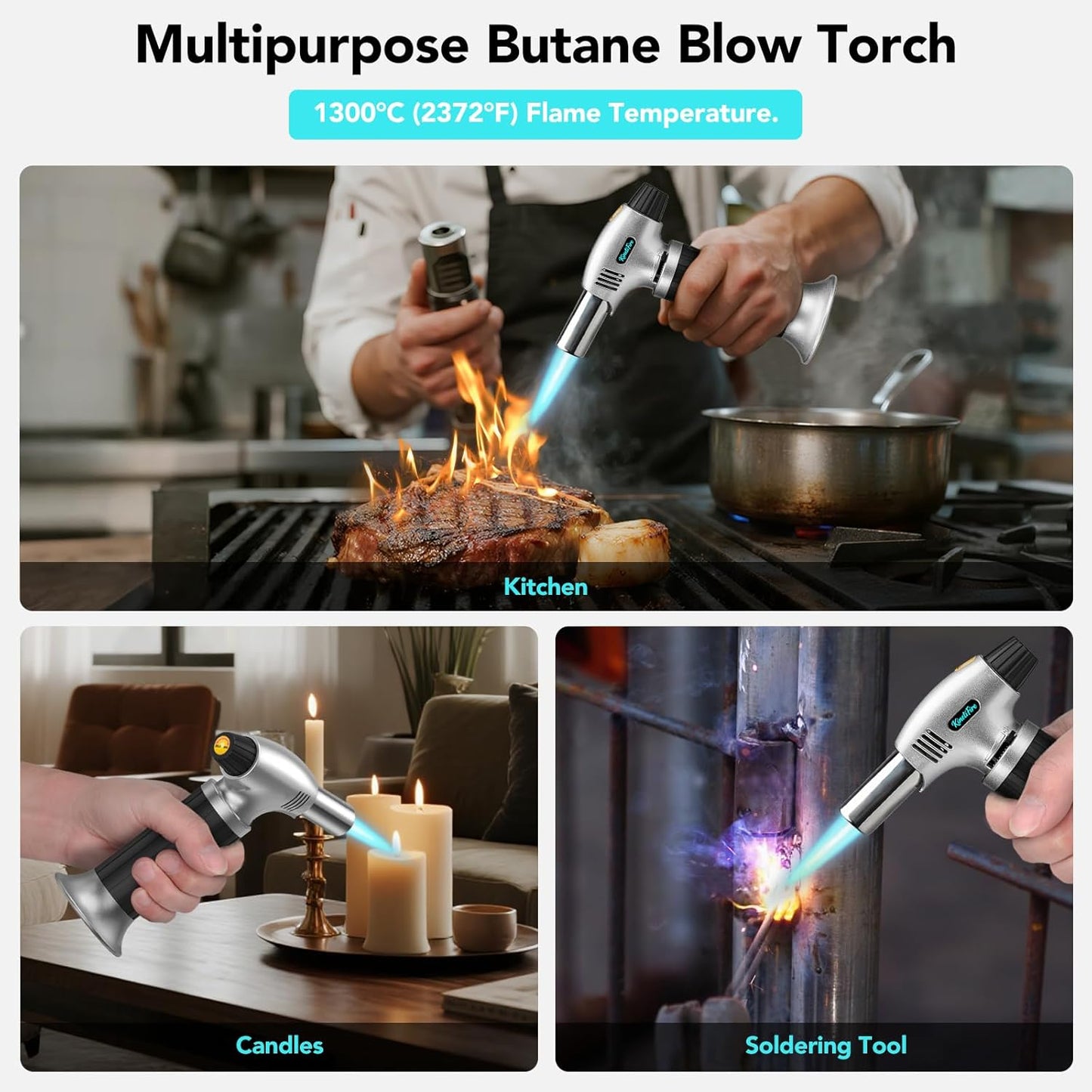 Butane Torch Lighter, Refillable Kithcne Torch with Safety Lock, Continuous Flame Mode, Adjustable Flame for Kitchen, Soldering and Bakingl(Butane Gas Not Included)