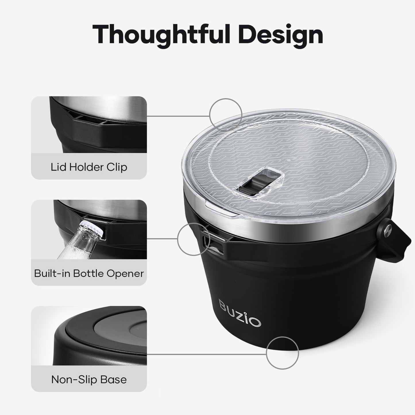 BUZIO 7.4 Qt/7 L Insulated Ice Bucket with Lid and Scoop & Tongs for Parties, Double Wall Vacuum Stainless Steel, Holds 6 Longnecks or 3 Wine Bottles, Large Beverage Bucket for Cocktail Bar, Black