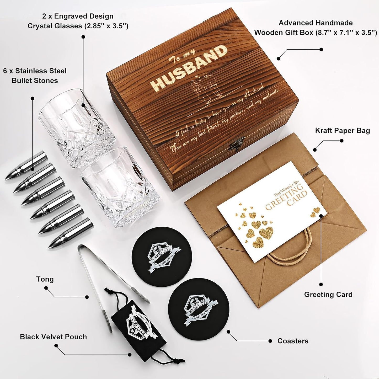 Whiskey Gifts for Men Husband - Anniversary Wedding Gifts for Him Men Birthday Gift Ideas from Wife - Stainless Steel Whiskey Stones and Whiskey Glasses Set - Bourbon Gifts for Husband Boyfriend