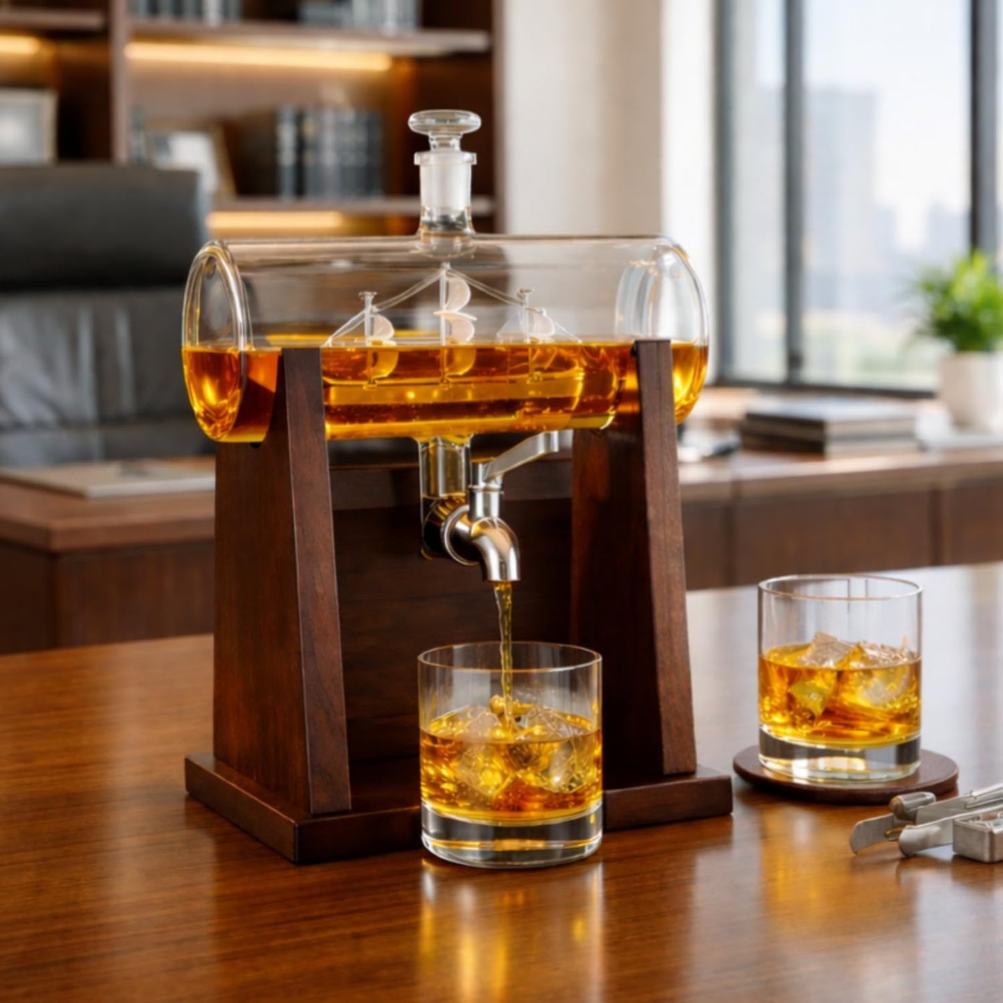 Jillmo Ship Whiskey Decanter Set for Men, 1250ml Liquor Decanter Gift with Ship Inside, 2 Whiskey Glasses & Wooden Stand, Bourbon Scotch Decanter Gift for Dad Husband Home Bar