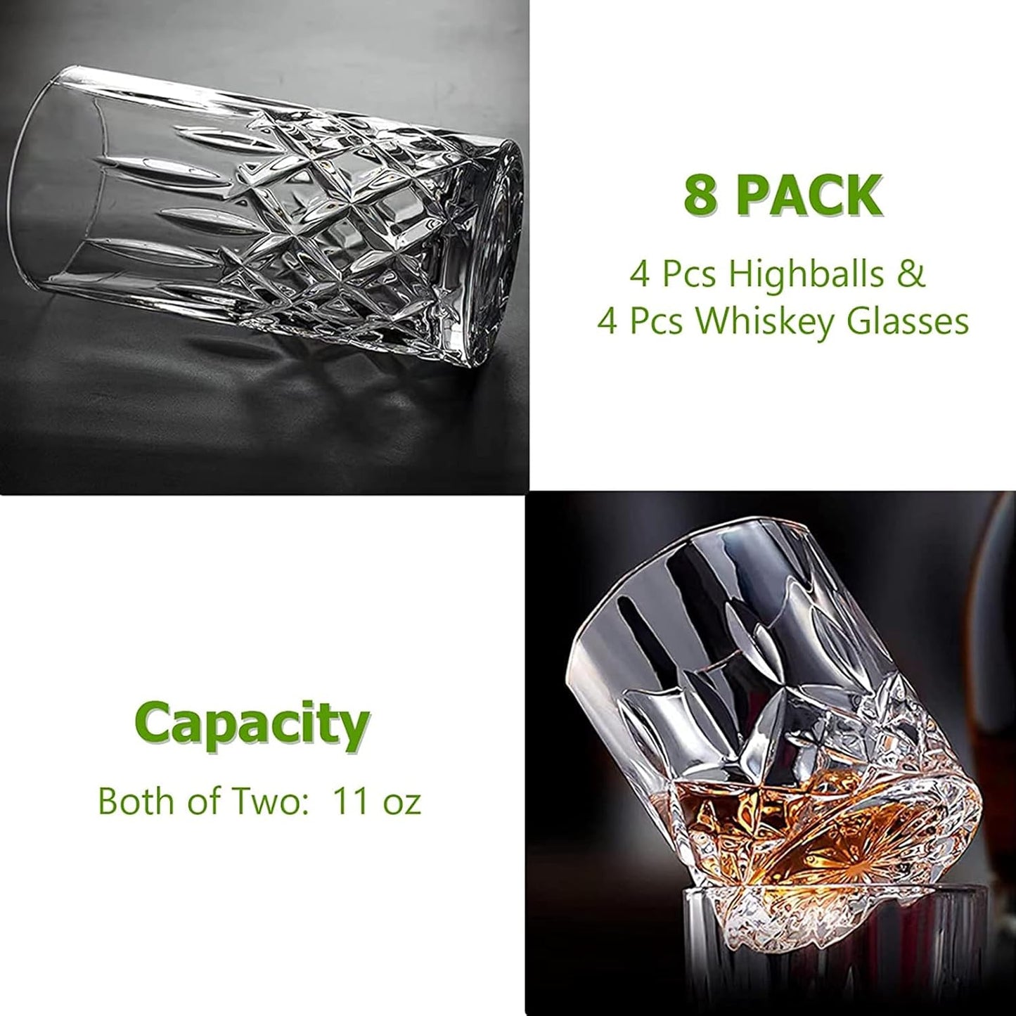 Qipecedm Drinking Glasses, 8 Piece Crystal Glass Cups, Mixed Glassware Set, 4 pcs Crystal Old Fashioned 11oz Highballs and 4 pcs 11oz Whiskey Glasses, Great for Cocktail, Whisky and other Beverages