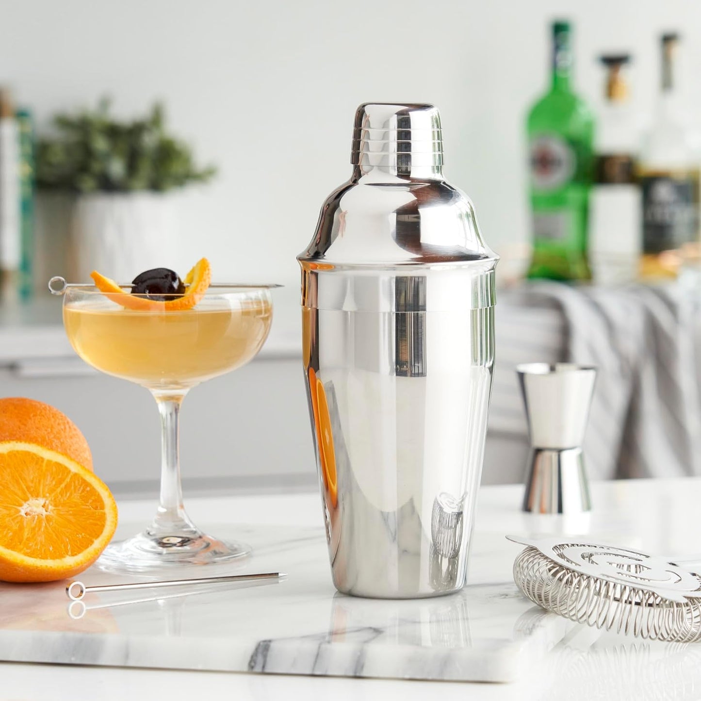 True Contour Cocktail Shaker, 18 oz Stainless Steel Cobbler Shaker With Cap And Strainer - Drink Shakers for Cocktails and Liquor