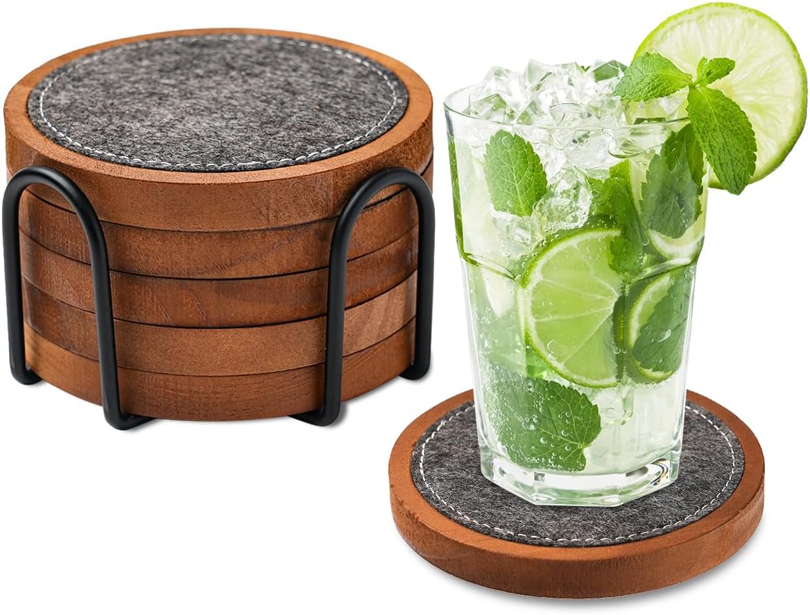 Wood Coaster for Drinks, Set of 5, Absorbent and Insulation Felt Stackable Cup Holders, Coasters for Wooden Table,4.15 inch