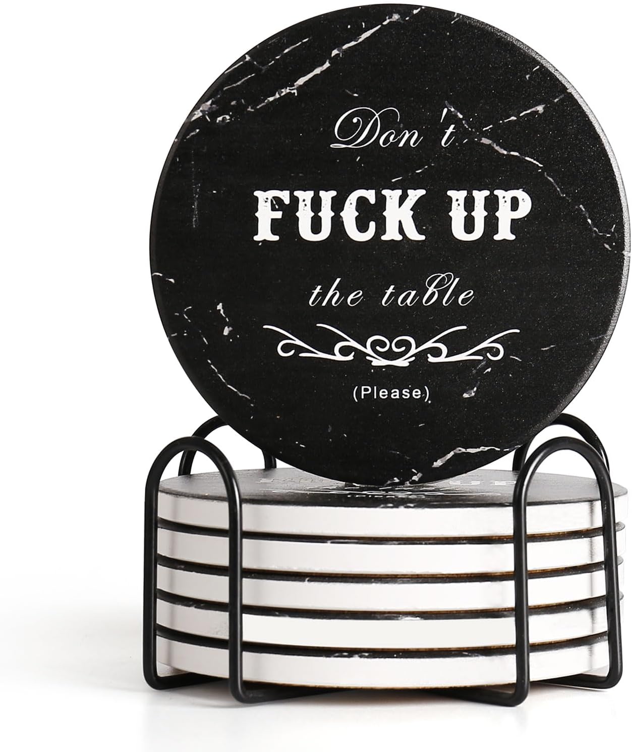 Drink Coasters Set of 6 with Holder, Absorbent Ceramic Coasters with Cork Base for Coffee Table, Rustic Marble Coasters Home Decor Housewarming Gift (Round-Black, 6)