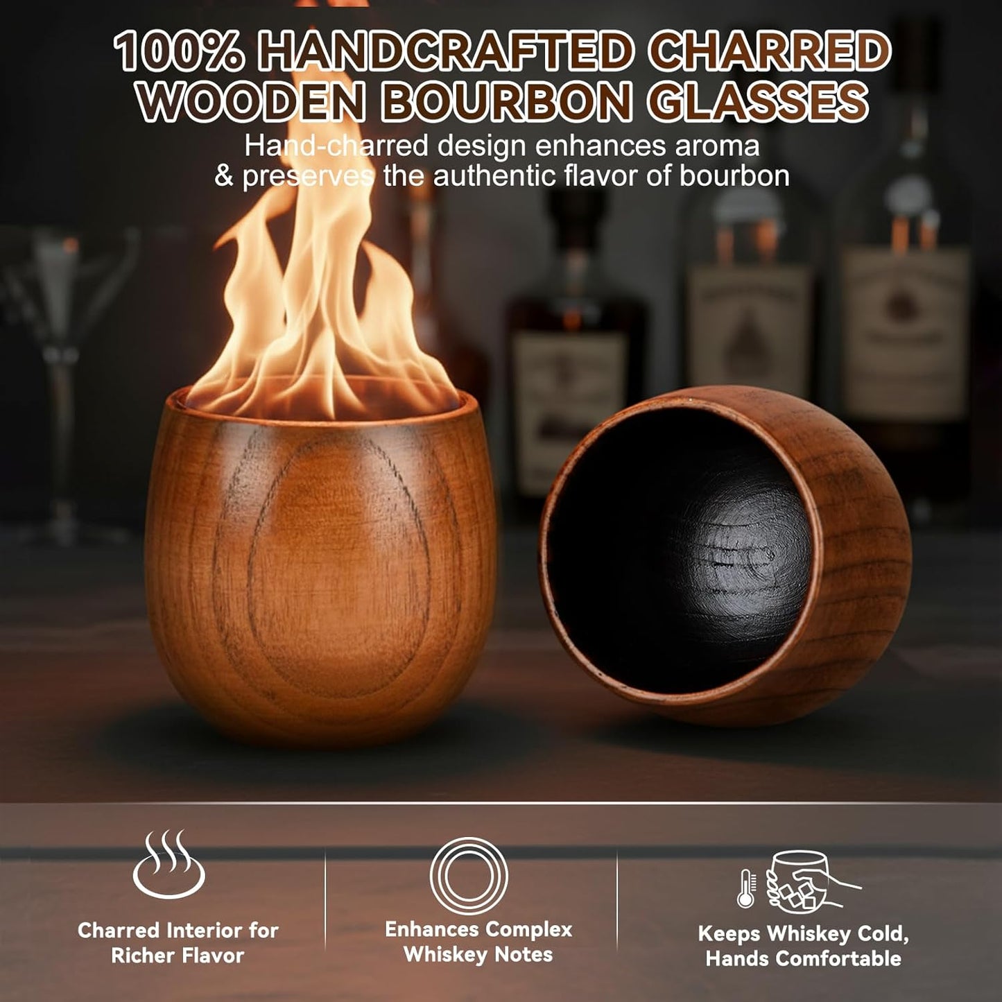 Charred Wooden Bourbon Drinking Glass Wooden Whiskey Glasses Set of 2 17-Piece Complete Whiskey Gift Set Old Fashioned Glass Bourbon Gifts for Men (Silver Accents)