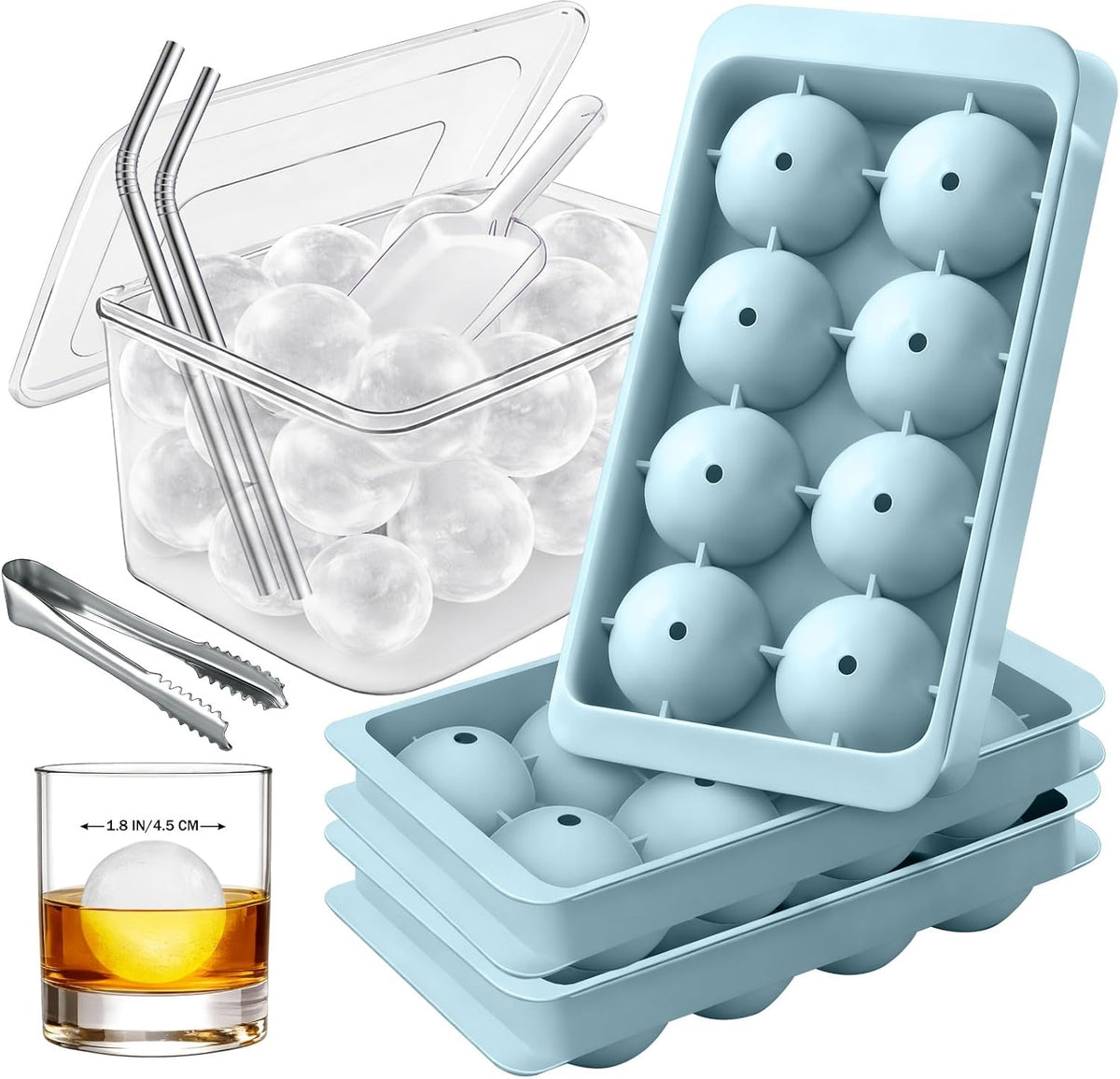 56pcs Ice Cube Tray with Lid and Bin – Stackable 4 Trays Plastic Silicone Freezer Mold, Large Ice Bucket with Scoop, Tong & 2 SS Straws – Easy Release Ice Maker for Cocktail, Coffee, RV, Whiskey - Blue (8 Grid, 1.8in) / 3 Pack Set