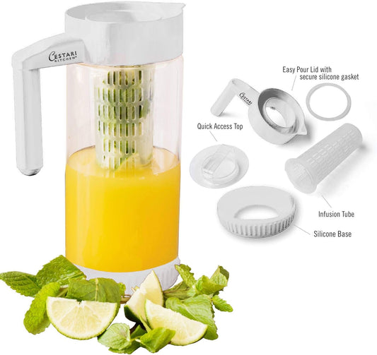 Premium Glass Water Pitcher with Fruit Infuser | BPA Free Borosilcate Glass Infuser Pitcher with Lid | Enjoy Infusing Hot + Cold Tea, Coffee, Water, Juice, Vodka, Tequila - White 44 oz - Cestari.