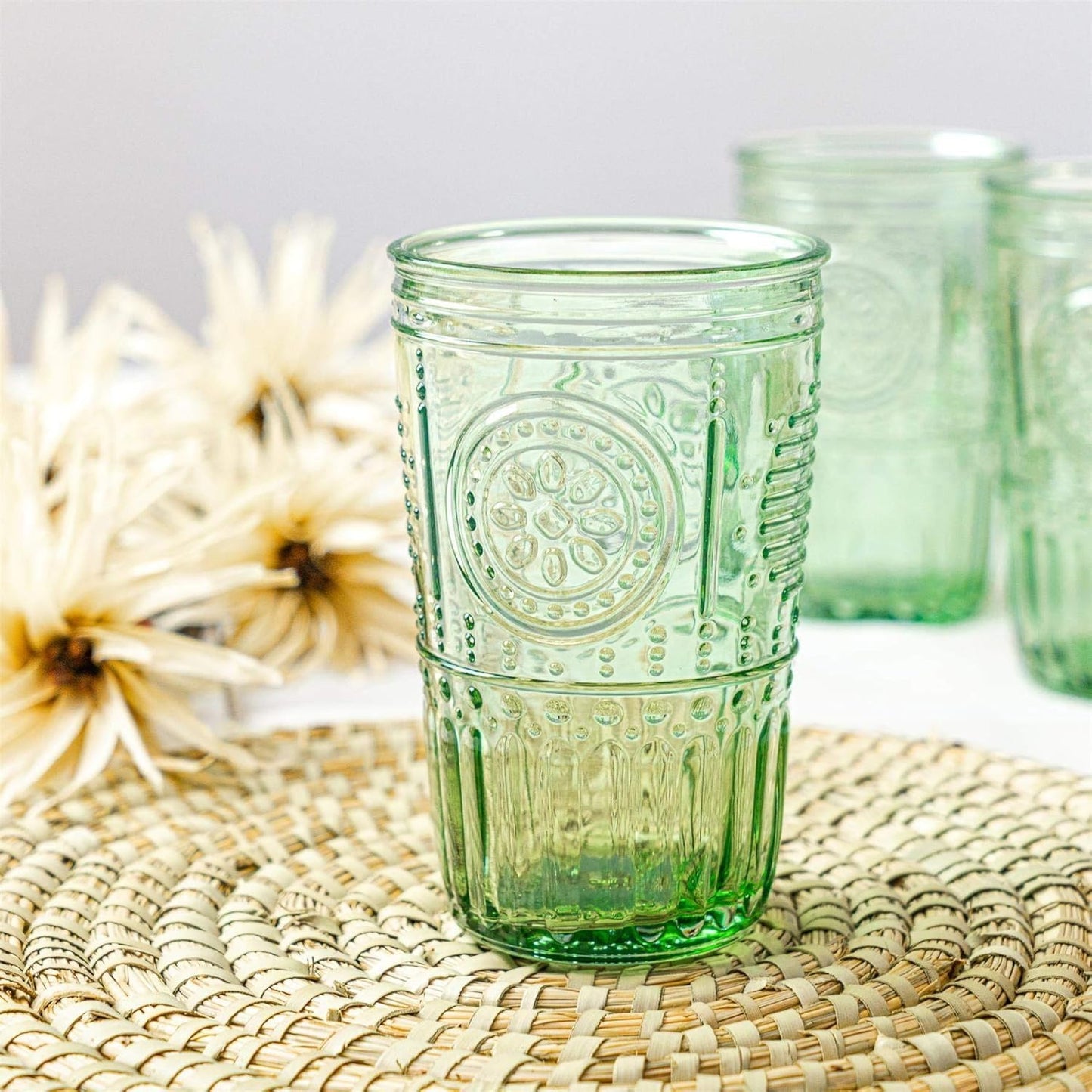 Bormioli Rocco Romantic Set Of 4 Cooler Glasses, 16 Oz. Colored Crystal Glass, Pastel Green, Made In Italy.
