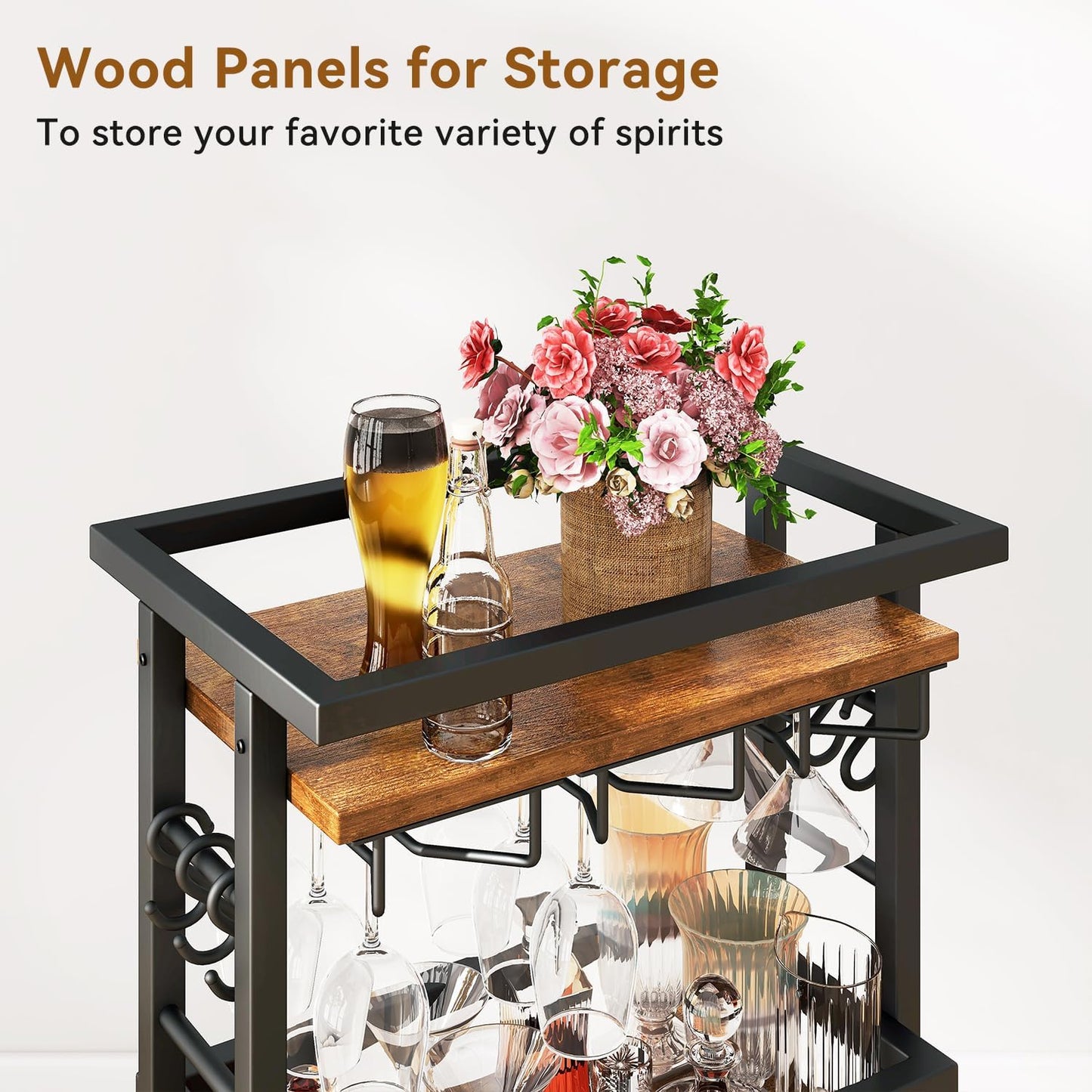 IBUYKE 4-Tier Wine Car Cabinet with Wheels,Wine Rack Freestanding Floor, Bar Cart for Liquor Whiskey Wine,Versatile Wine Bottle Display Shelf,Mini Bar for Home Living Room,Rustic Brown UTMJ912H