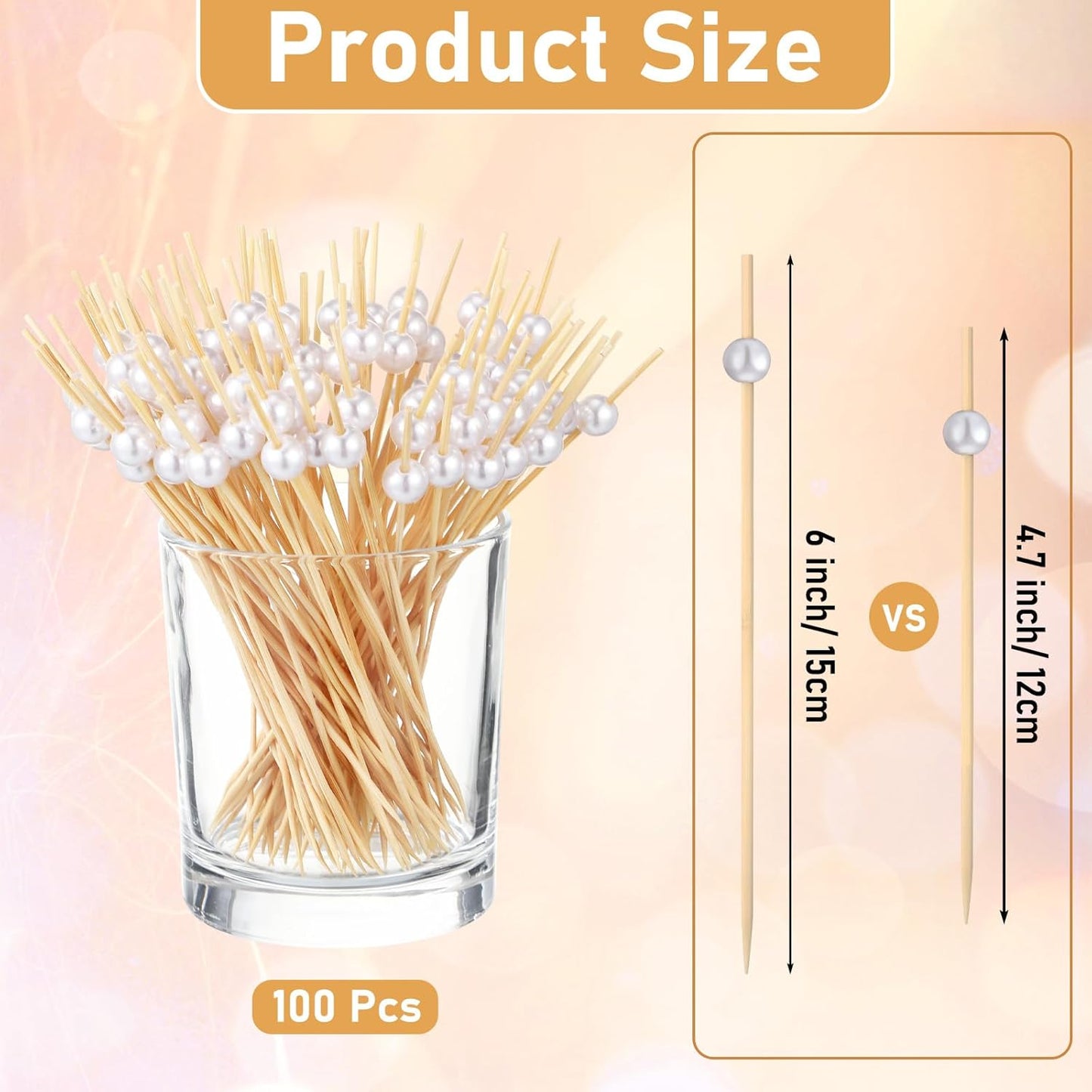 100 Pcs 6 Inch Long Cocktail Picks Fancy Toothpicks for Appetizer Bamboo Cocktail Sticks for Fruit Drink Dessert Barbecue Charcuterie Pearl Skewers for Wedding Birthday Baby Shower Party (White)