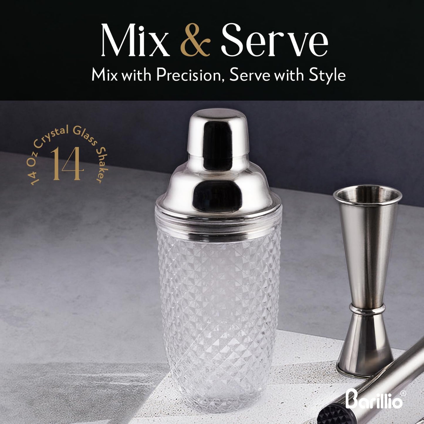 Barillio 14 oz Glass Cocktail Shaker | Cobbler Mixer with Built-In Strainer, Leak-Proof Clear Martini Shaker for Single-Serve Drinks