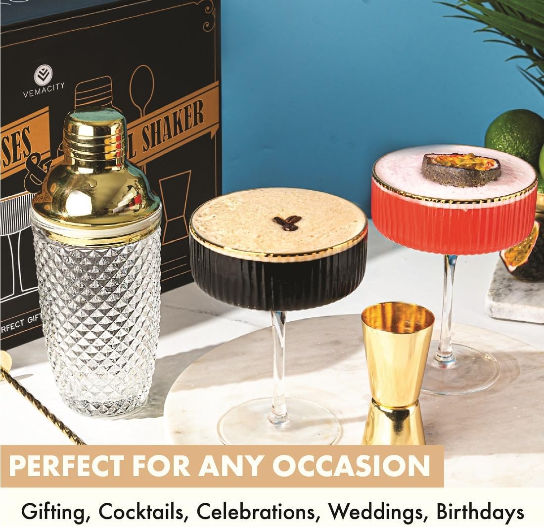 VEMACITY - Luxury Espresso Martini Gifts | Gold Cocktail Shaker Set + 2 Espresso Martini Glasses - Cocktail Kit with Built-in Strainer & Ribbed Martini Glasses (10oz) | Drink Shakers Cocktail