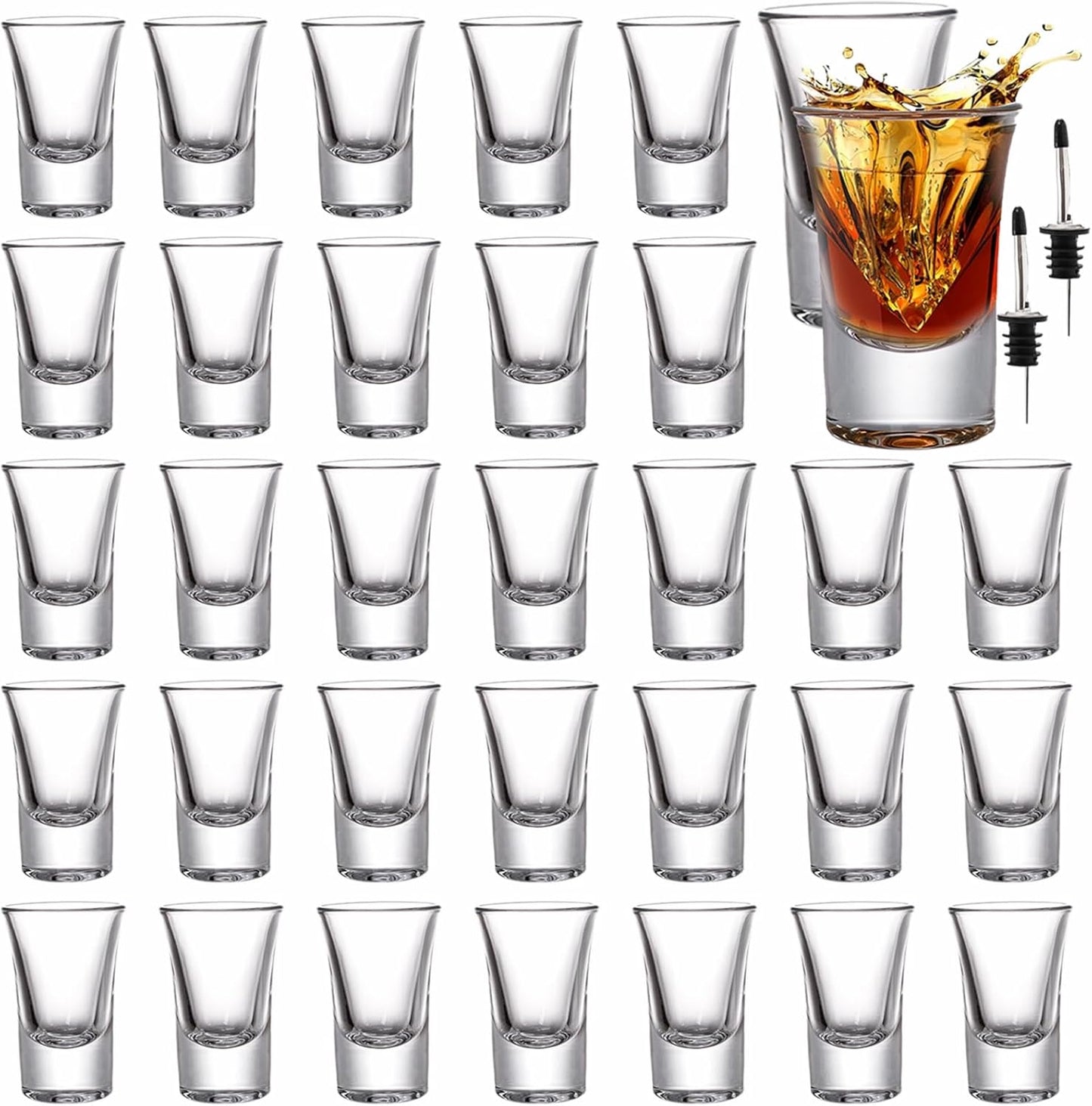 Tebery 30 Pack Shot Glass Bulk Heavy Base, 1.2 Oz Tequila Glass Set with 2 Bottle Pourer, Clear Small Whiskey Shot Glass Cups for Vodka, Liquors, Cocktail, Espressos, Bar