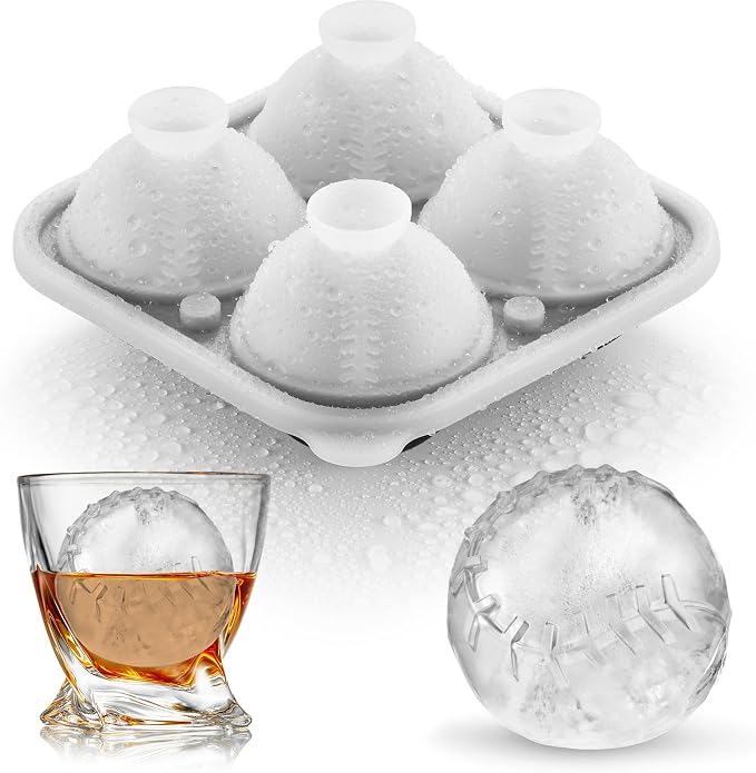 ACOOKEE Novelty Golf Gifts Ball Ice Maker Mold, 2.5" Large Sphere Round Ice Cube Mold for Cocktails, Whiskey, Bourbon Chilling, 4 Hole Fun Shapes Big Silicone Circle Ice Cube Trays w/Funnel - Baseball