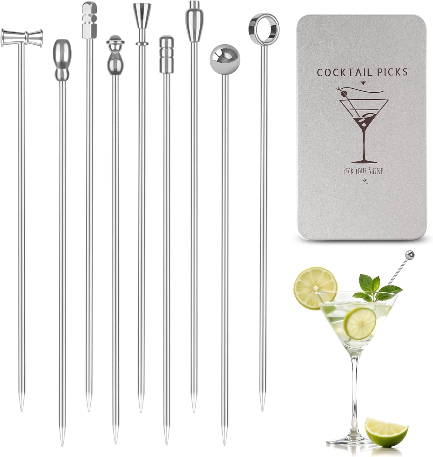 Metal Martini Cocktail Picks 9 Pcs, 4.1 in Olive Skewers Stainless Steel, Martini Garnish Sticks Reusable, Metal Toothpicks for Drinks, Appetizers, Bar Accessories Gift for Bartenders - Sliver