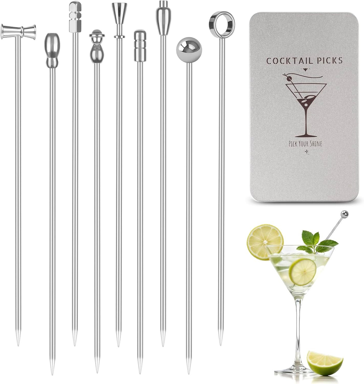 Metal Martini Cocktail Picks 9 Pcs, 4.1 in Olive Skewers Stainless Steel, Martini Garnish Sticks Reusable, Metal Toothpicks for Drinks, Appetizers, Bar Accessories Gift for Bartenders - Sliver - Sliver