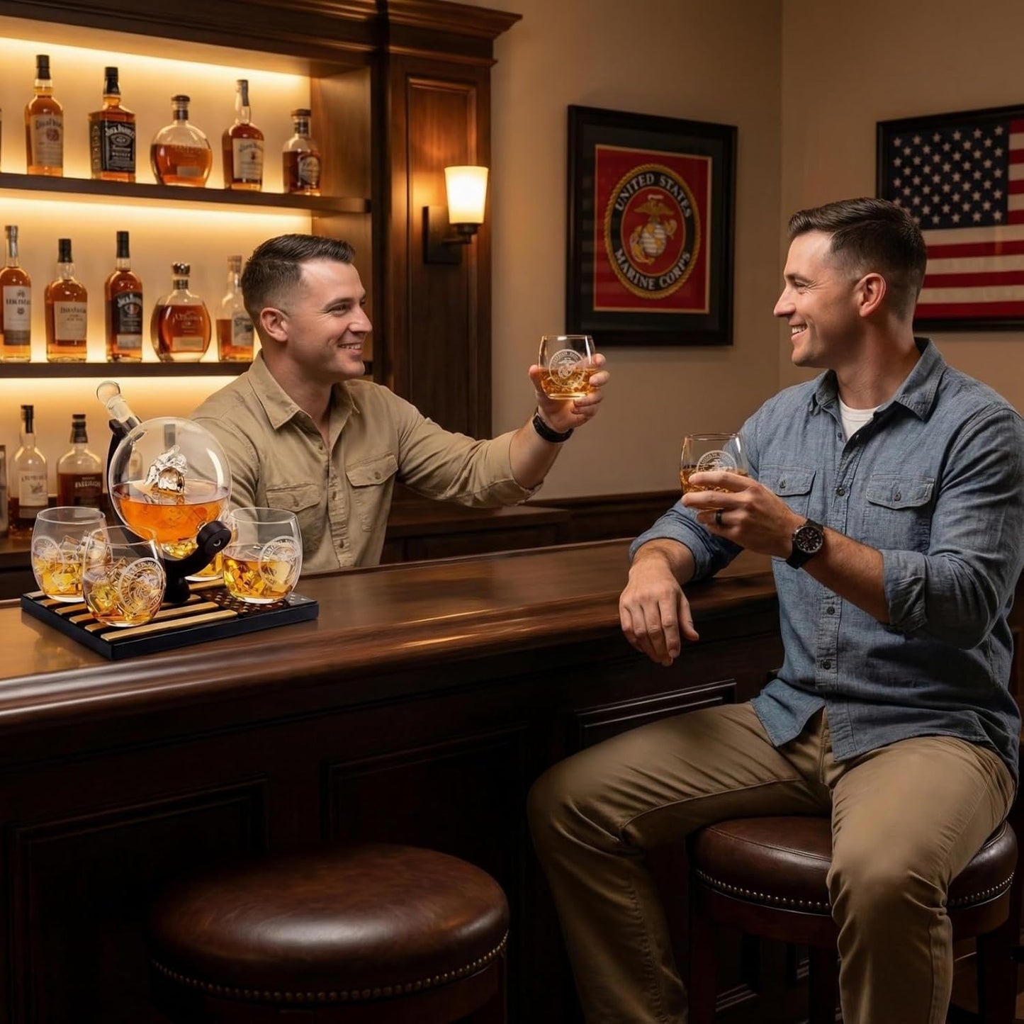 U.S. Marine Globe Whiskey Decanter Set with 4 Liquor Glasses - Wood Flag Base Marine Veteran Gift Set - Navy Gifts Men, Dad, U.S.A Flag - Bourbon & Scotch Military Gift for Father
