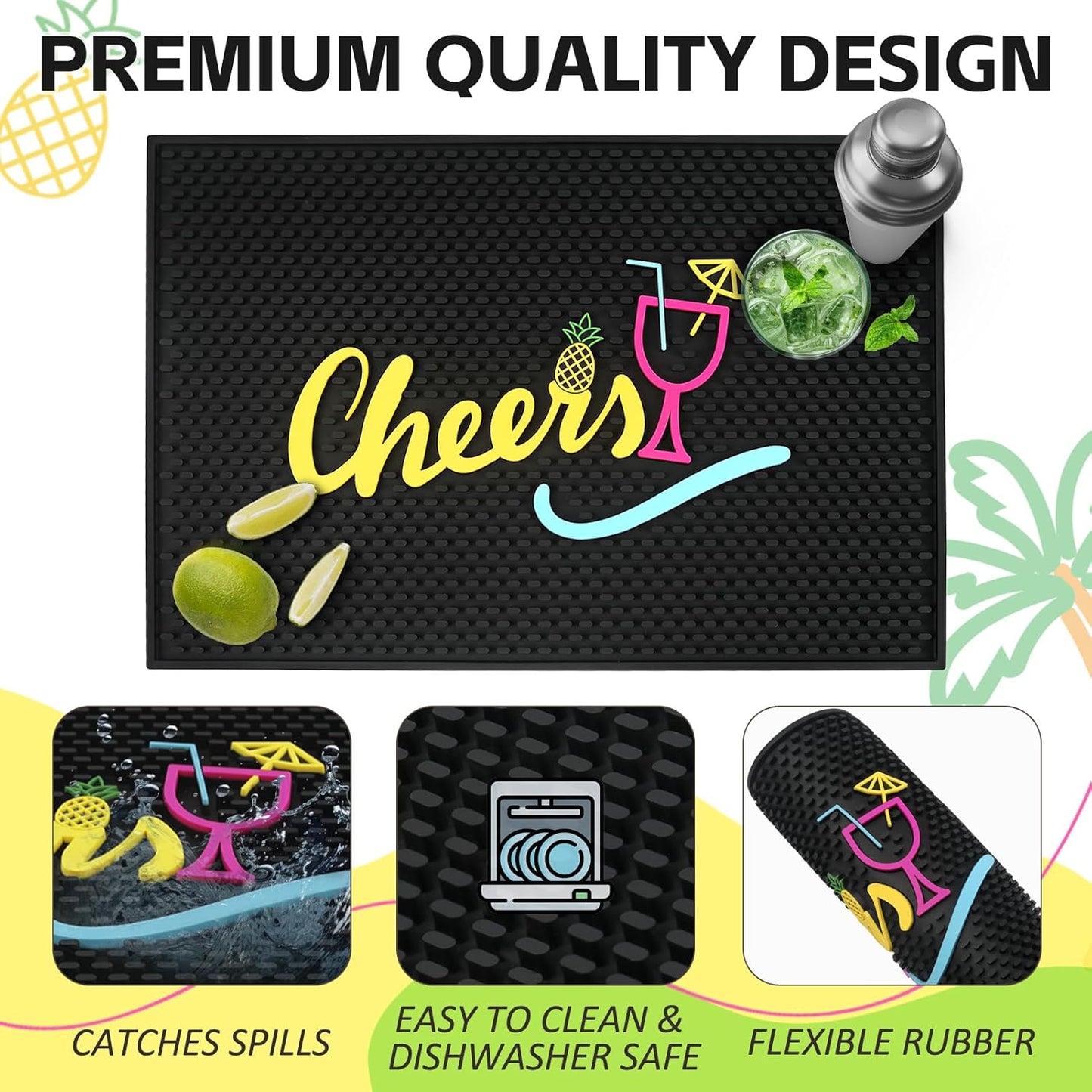 Cheers Bar Mats for Bartending, 18"x12" Large Thick Rubber Non-Slip Spill-Proof Tiki Bar Mat, Bartender Mat for Home Coffee Bar Cocktail Accessories