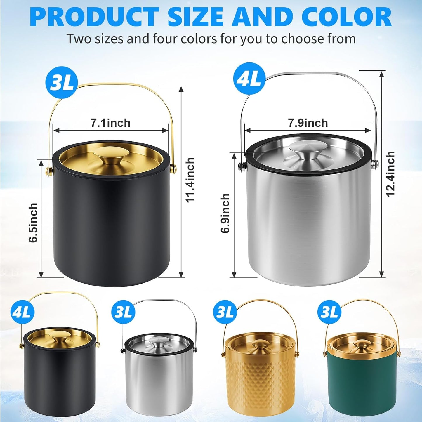 4L Ice Bucket, Ice Bucket with Silicone Sealing Ring Double-wall Vacuum Insulation Champagne Buckets with Filter Layer Ice Tongs Ice Scoop (Silver)