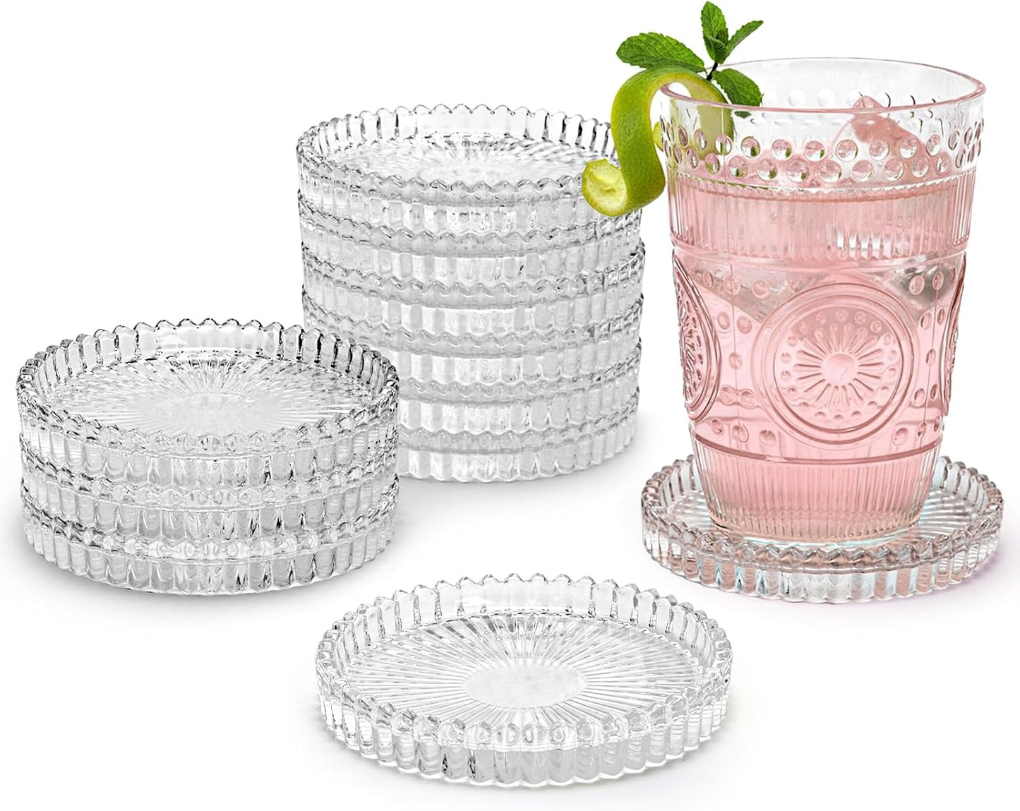 Elsjoy 12 Pack 4 Inch Modern Clear Coaster Set, Round Pillar Candle Holder Plates, Clear Crystal Glass Coaster for Drinks, Bar, Dining Table