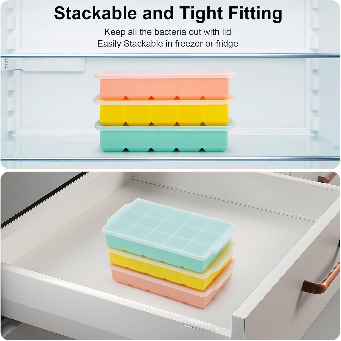 Reespring Silicone Ice Cube Tray, Ice Tray for Freezer with Lid, 3 Pack Ice Cube Trays for Freezer with 45 Flexible Easy Release Ice Trays