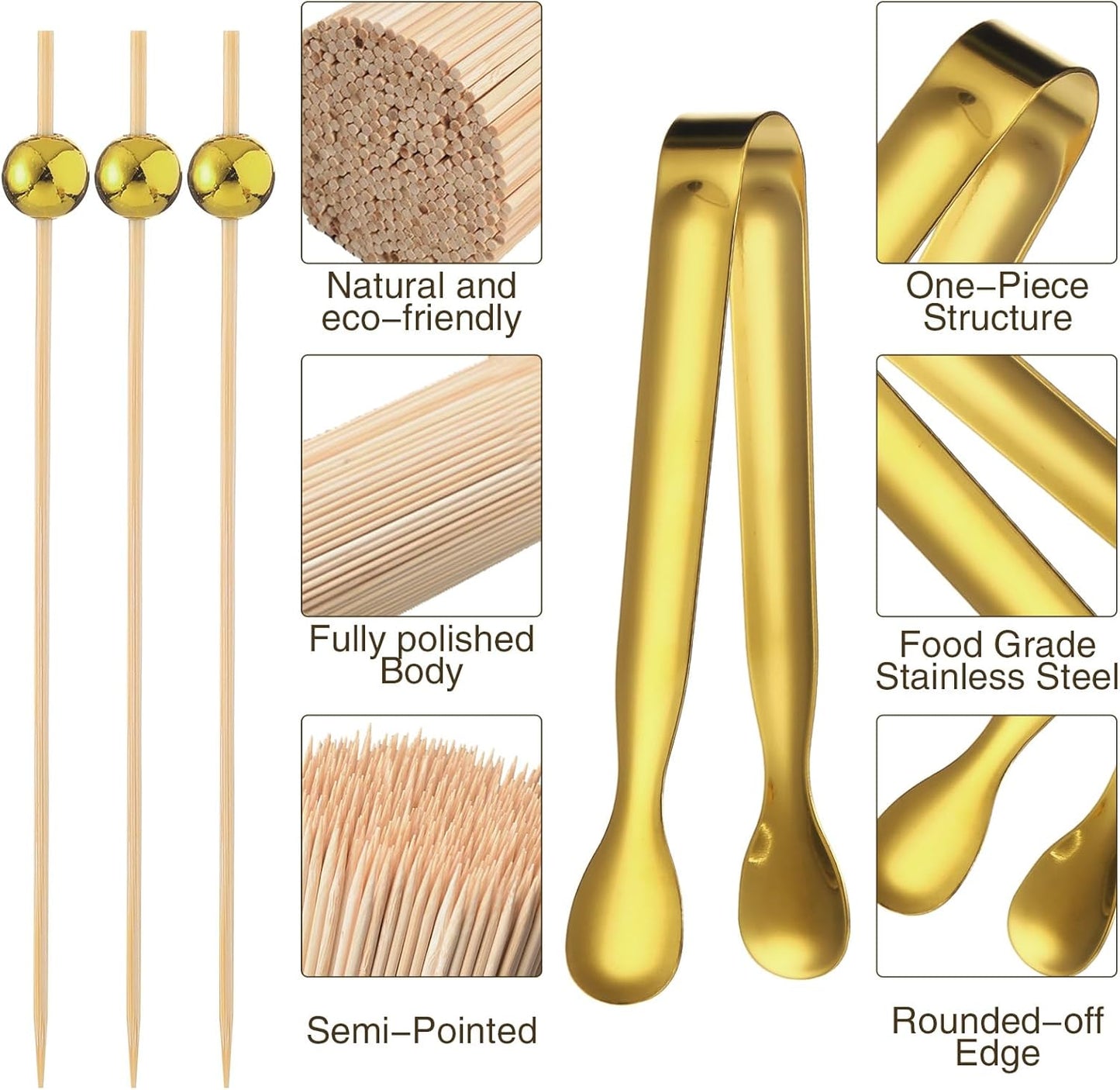 Therwen 184 Pcs Gold Serving Utensils Set 72 Plastic Appetizer Forks 100 Cocktail Toothpicks 12 Stainless Steel Tongs Charcuterie Utensils for Family Festival Party Weddings Appetizers Desserts