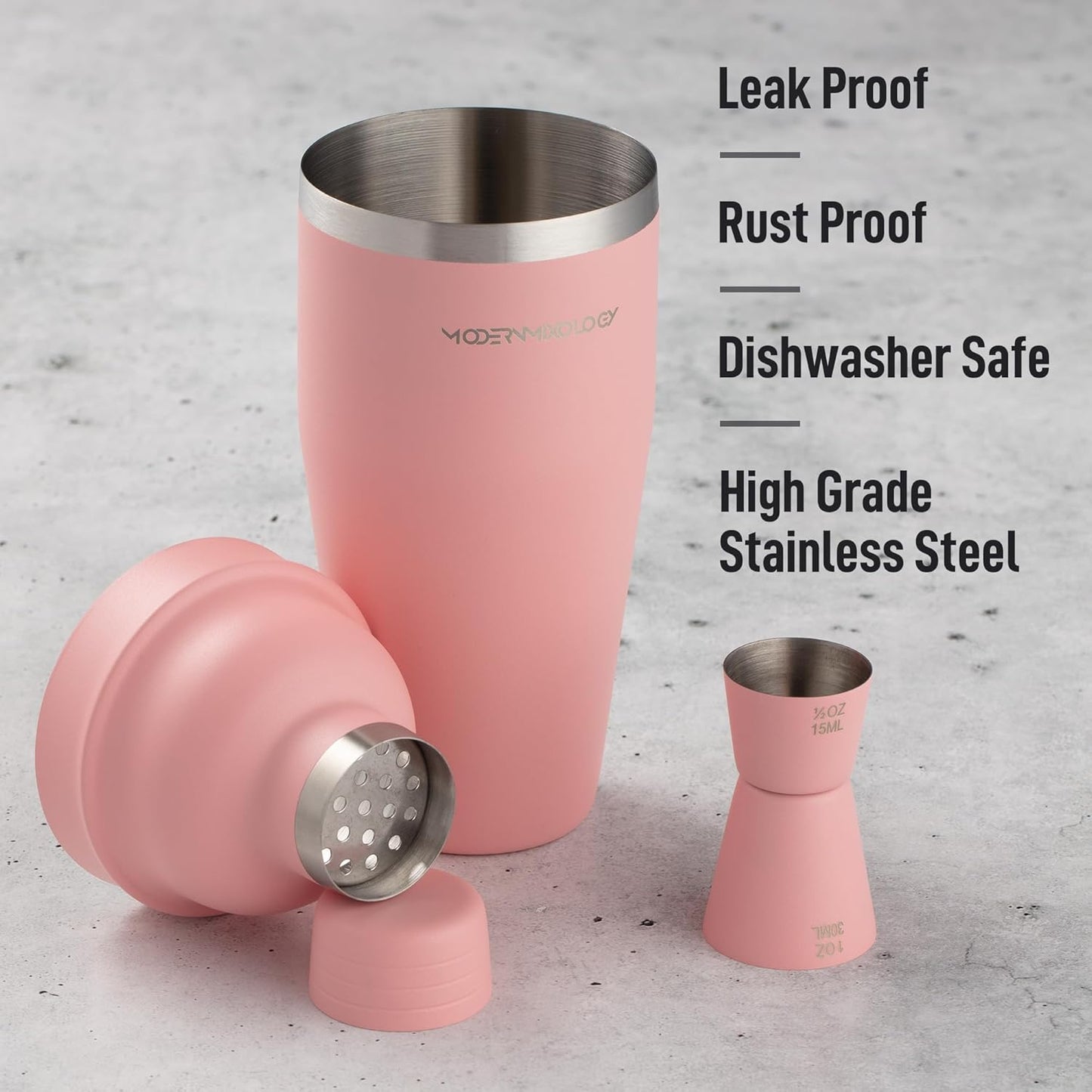 Modern Mixology 24oz Matte Pink Cocktail Shaker Set – Bartender Essentials with Built-In Strainer, Cap, Jigger for Martini, Margarita, Luxury Drink Mixer Kit for Bar, Gift for Men and Women