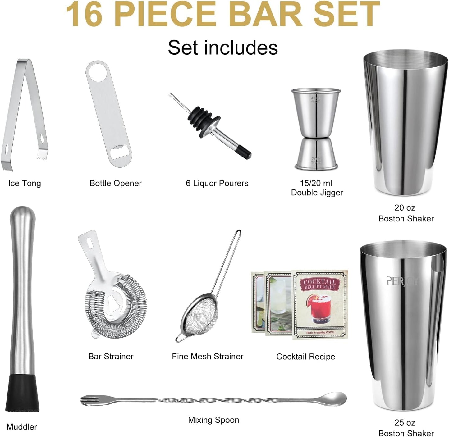 Cocktail Shaker Set, 16 Piece Bartender Kit, Cocktail Shaker, Stainless Steel Bar Set Accessories, Coktail Set, Boston Shaker, Drink Mixer Shaker, Bartending Bar Tools with Muddler Spoon Jigger
