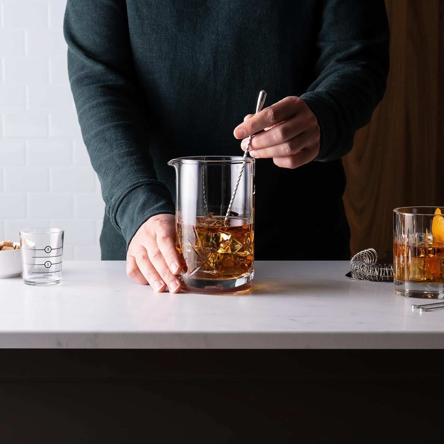 Cork & Mill Cocktail Mixing Glass, Old Fashioned Kit, Large 24 oz Crystal Cocktail Mixer for Bartenders, 9-Piece Home Bar Accessories Set for Manhattans and Other Whiskey Drinks