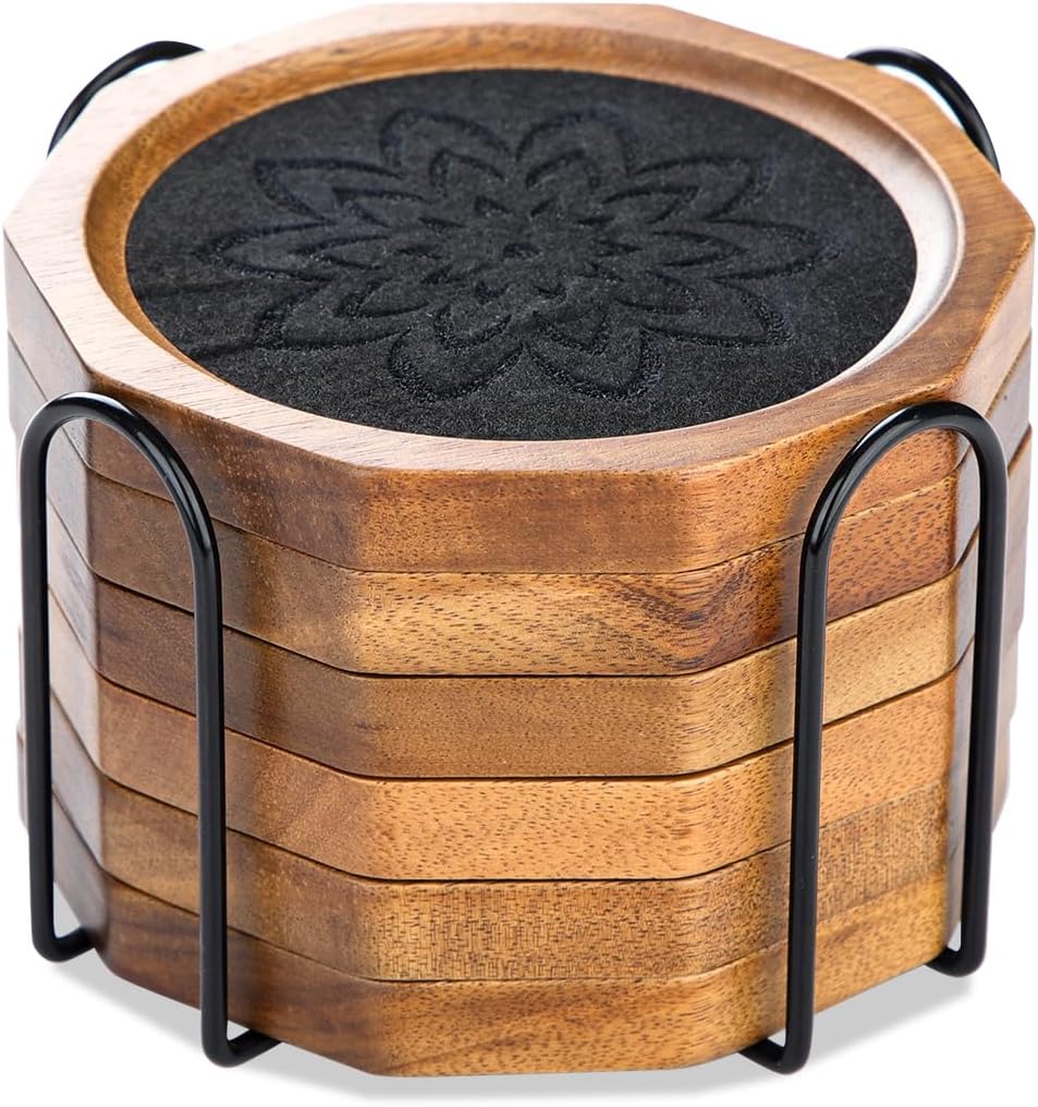 Wood Coasters for Drinks Absorbent with Lip, 4.3 Inch Rustic Acacia Wood Black Felt Coaster with Holder for Wooden Coffee Table for Cups, Mugs, and Glasses - Set of 6