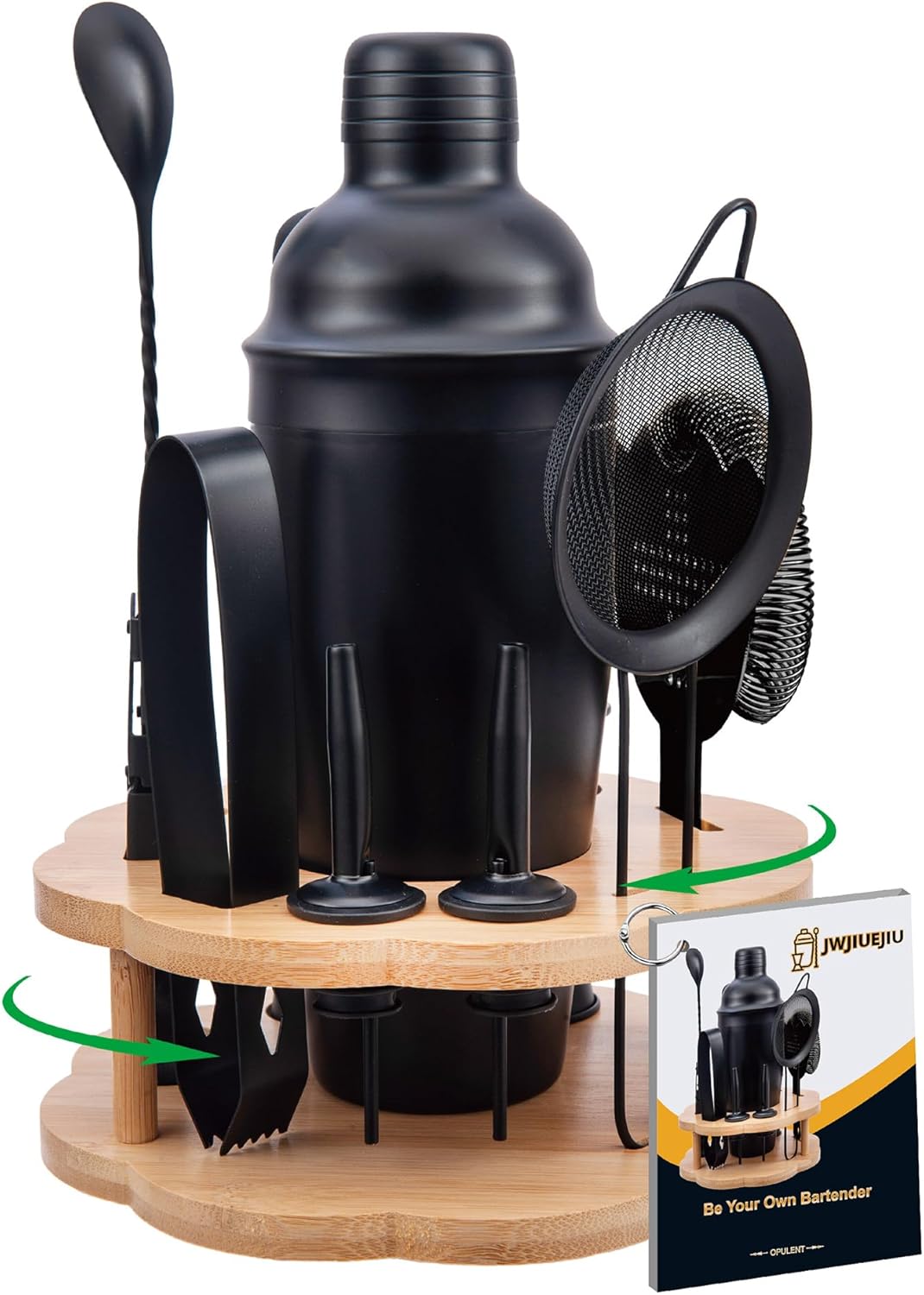Cocktail Shaker Set Bartender Kit with Rotatble Bamboo Stand,11 Piece Bar Set Stainless Steel Bar Accessories for Drink Mixing, Bar, Home, Party (Frosted Black)
