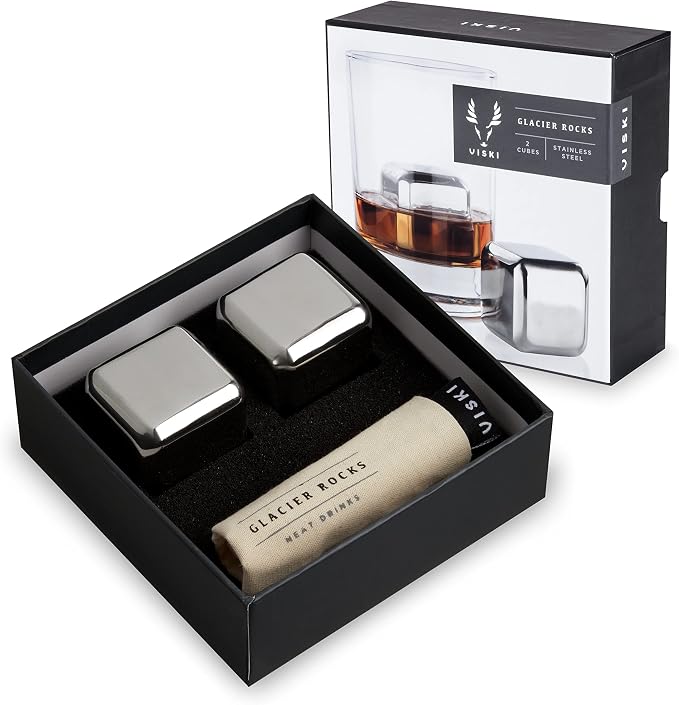 Viski 4358 Glacier Rocks Stainless Steel Ice Cubes Reusable Ice Cubes for Drinks, Whiskey, Bourbon, Scotch, Metal Ice Cubes, Cocktail Accessories Set of 4 Silver - Large Rocks