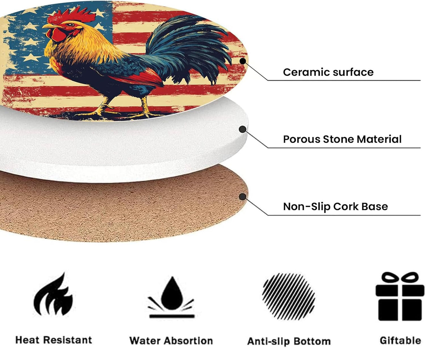 American Flag Coasters Set of 6, Rooster Retro Round Absorbent Ceramic Stone Coaster with Metal Holder and Cork Base, Country Vintage Drinks Coasters for Coffee Table, Kitchen, Party, Gifts