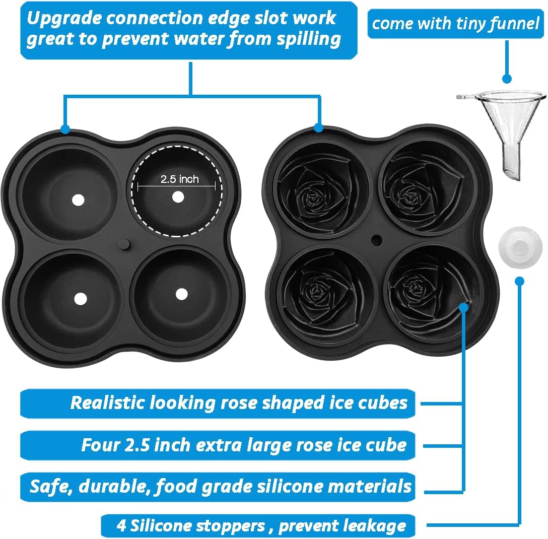 CAMKYDE Rose Ice Cube Tray 2.5 Inch [1 Mold + 1 Funnel + 4 Stoppers], 4 Cavity Silicone Rose Ice Cube Mold for Whiskey, Chilling Cocktails, Bourbon, Juice (Black)