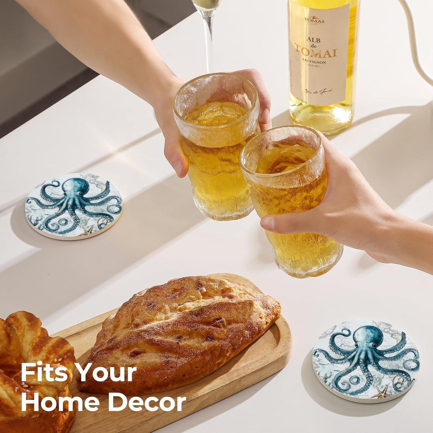 Unique Octopus World Map Nautical Coasters for Drinks Set of 6, Round Absorbent Ceramic Stone Coaster with Metal Holder and Cork Base for Coffee Table Parties Desk Kitchen Home Decor Gifts